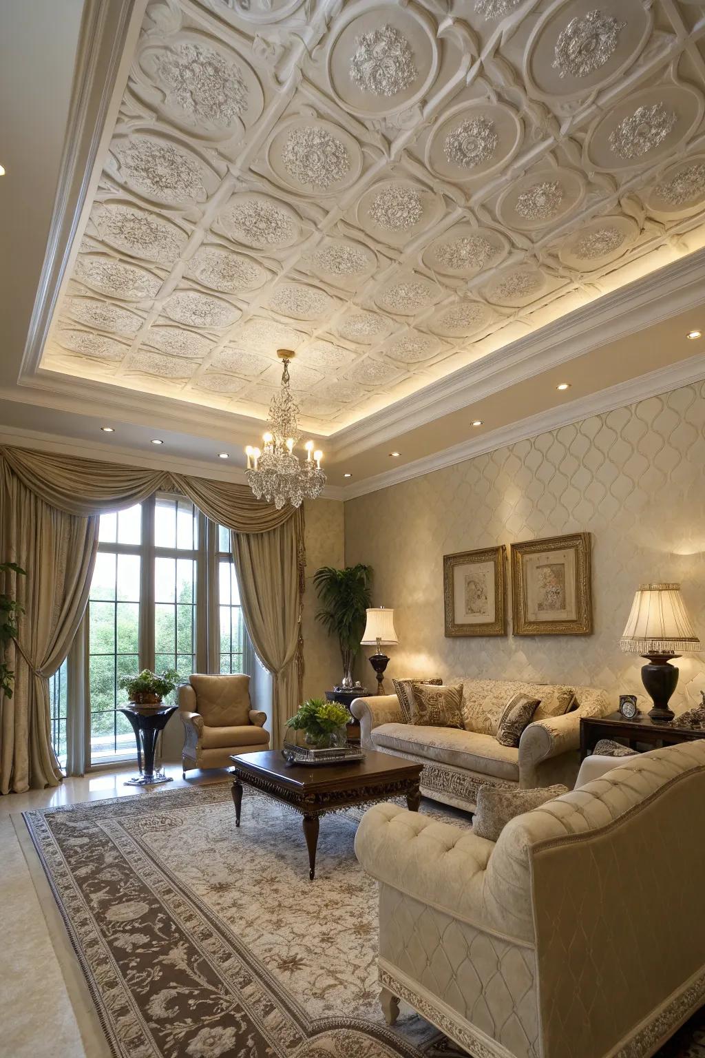 Luxurious appeal with textured faux finish ceiling tiles.