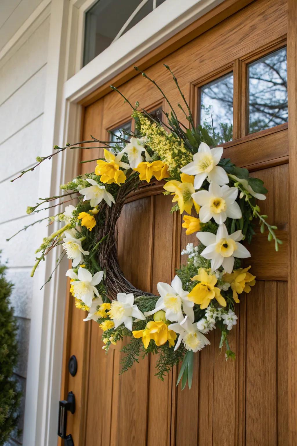 A fresh Easter wreath with daffodils, perfect for welcoming the vibrant spring season.