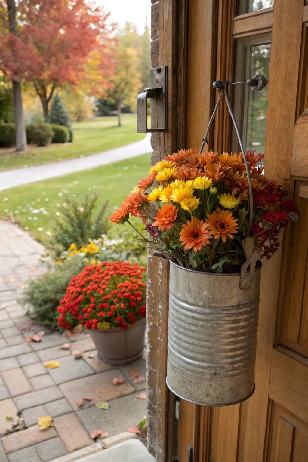 A recycled metal holder serves as a creative, eco-friendly door hanger.