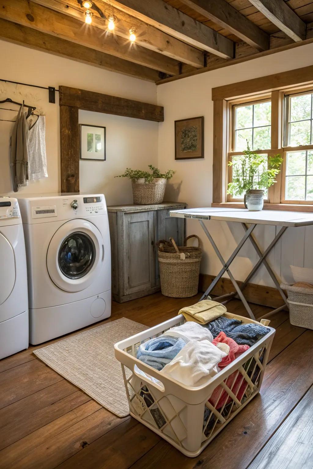 A stylish and functional recycling area complements this eco-conscious farmhouse laundry room.