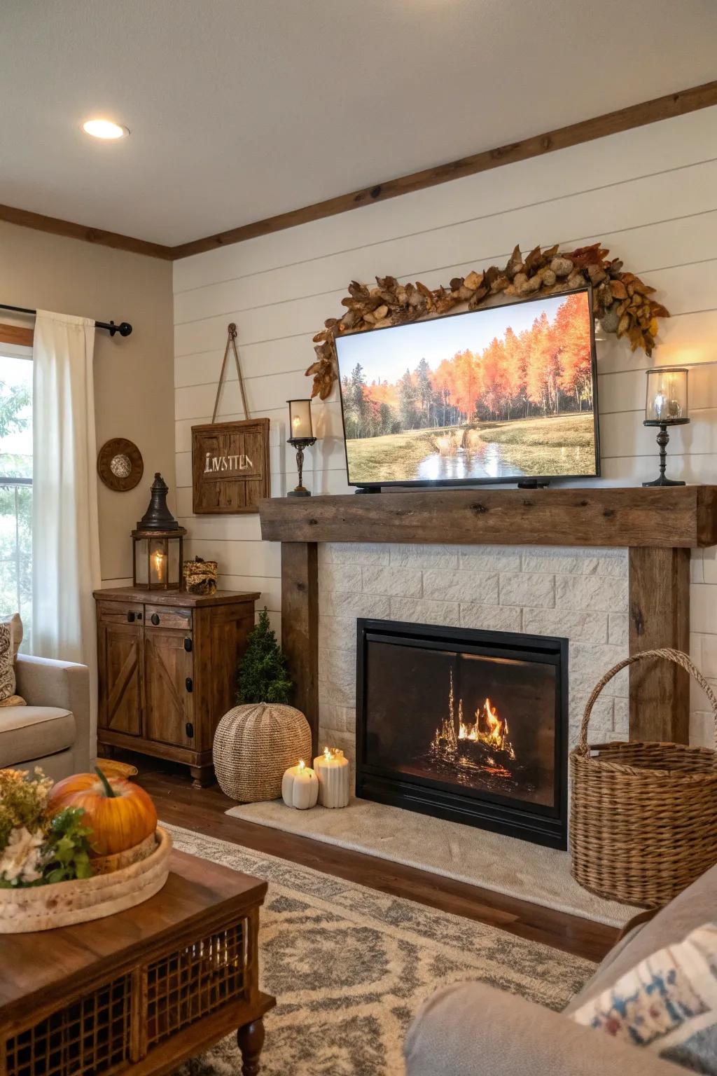 A farmhouse living room with a TV above the mantel, displaying seasonal artwork for a fresh look.