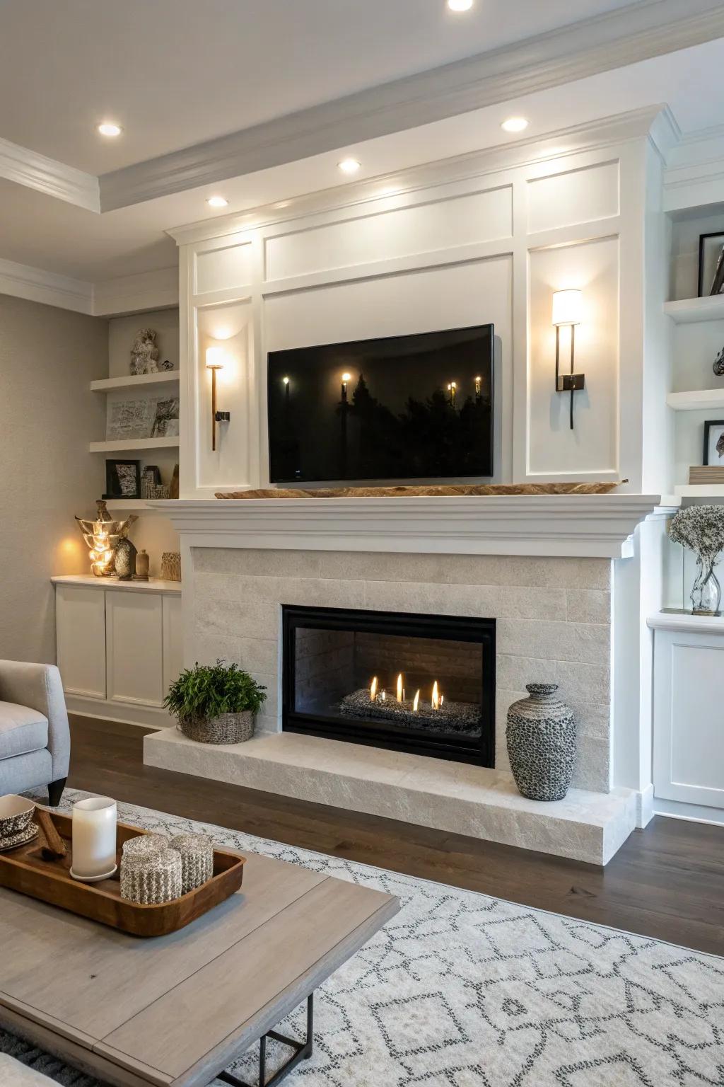 A modern living room spotlighting a sleek floating mantel, contributing a minimalist touch.