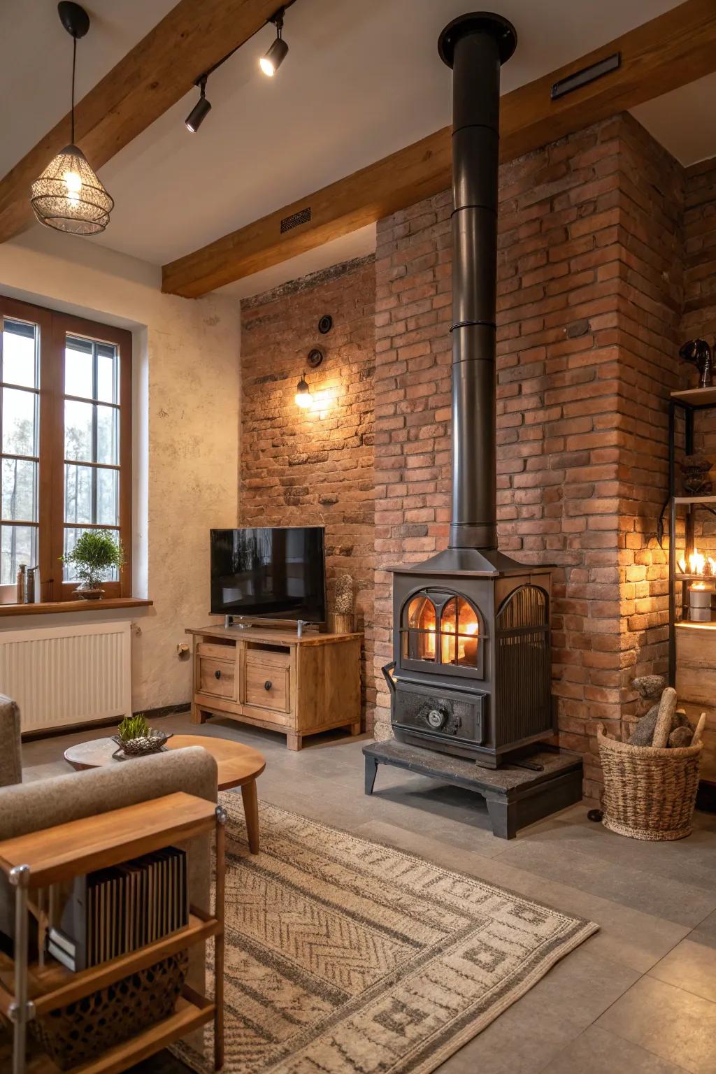 A bold, industrial-style living area featuring a central fireplace constructed with steel and exposed brick.