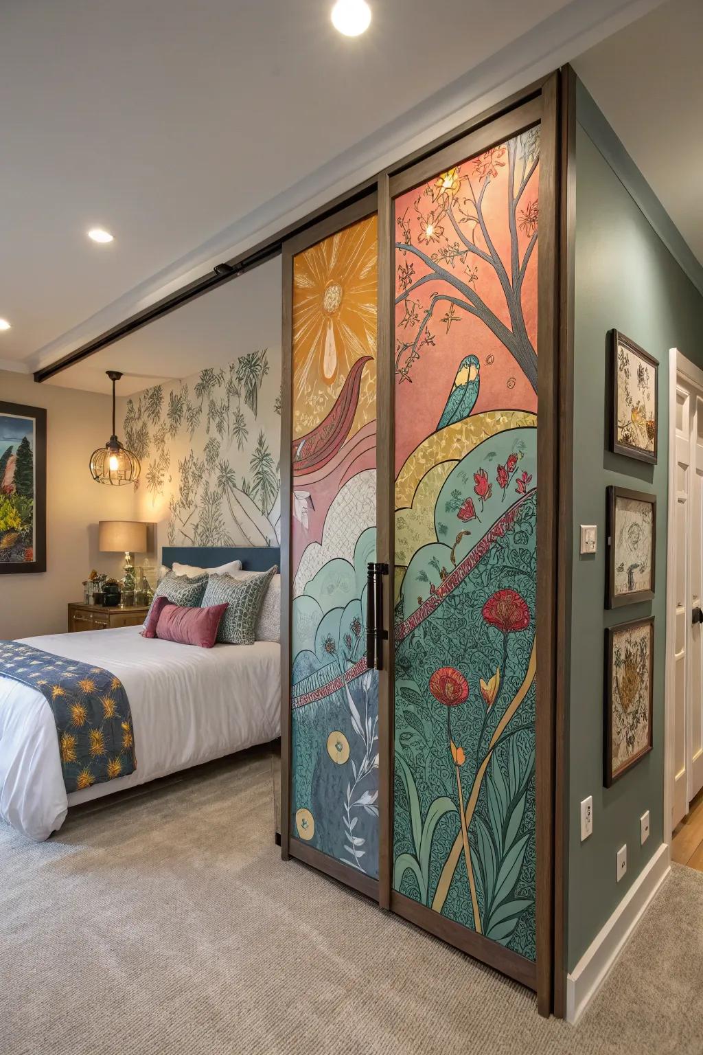 Artistic murals turn closet doors into a creative canvas.