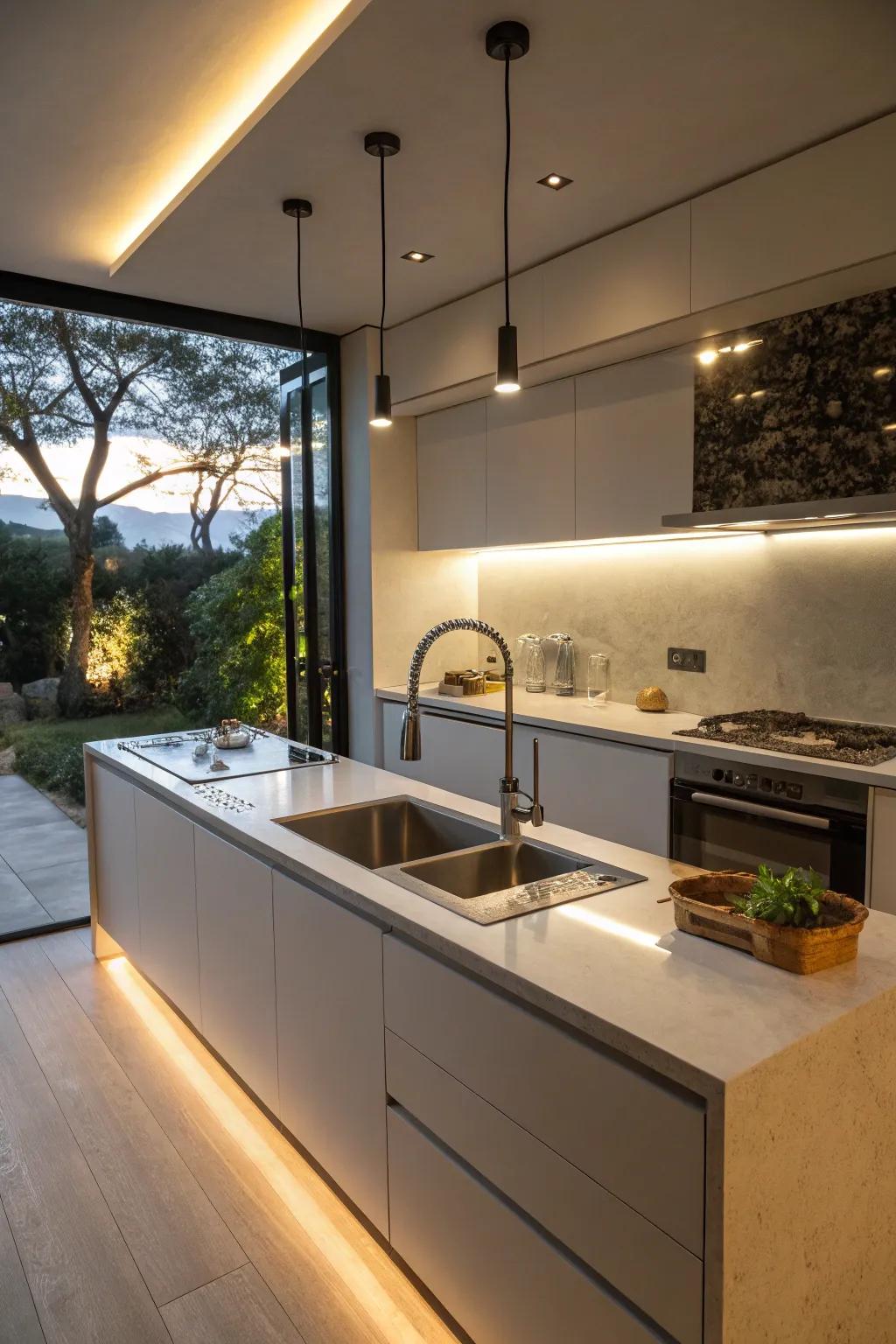 A modern kitchen with stylish lighting enhancing a free standing sink.