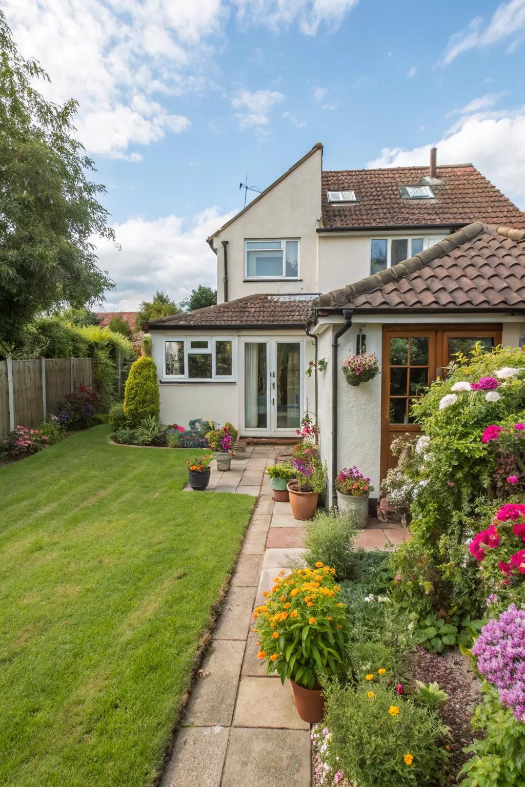 A small garden contributes hue and vitality to this front extension.