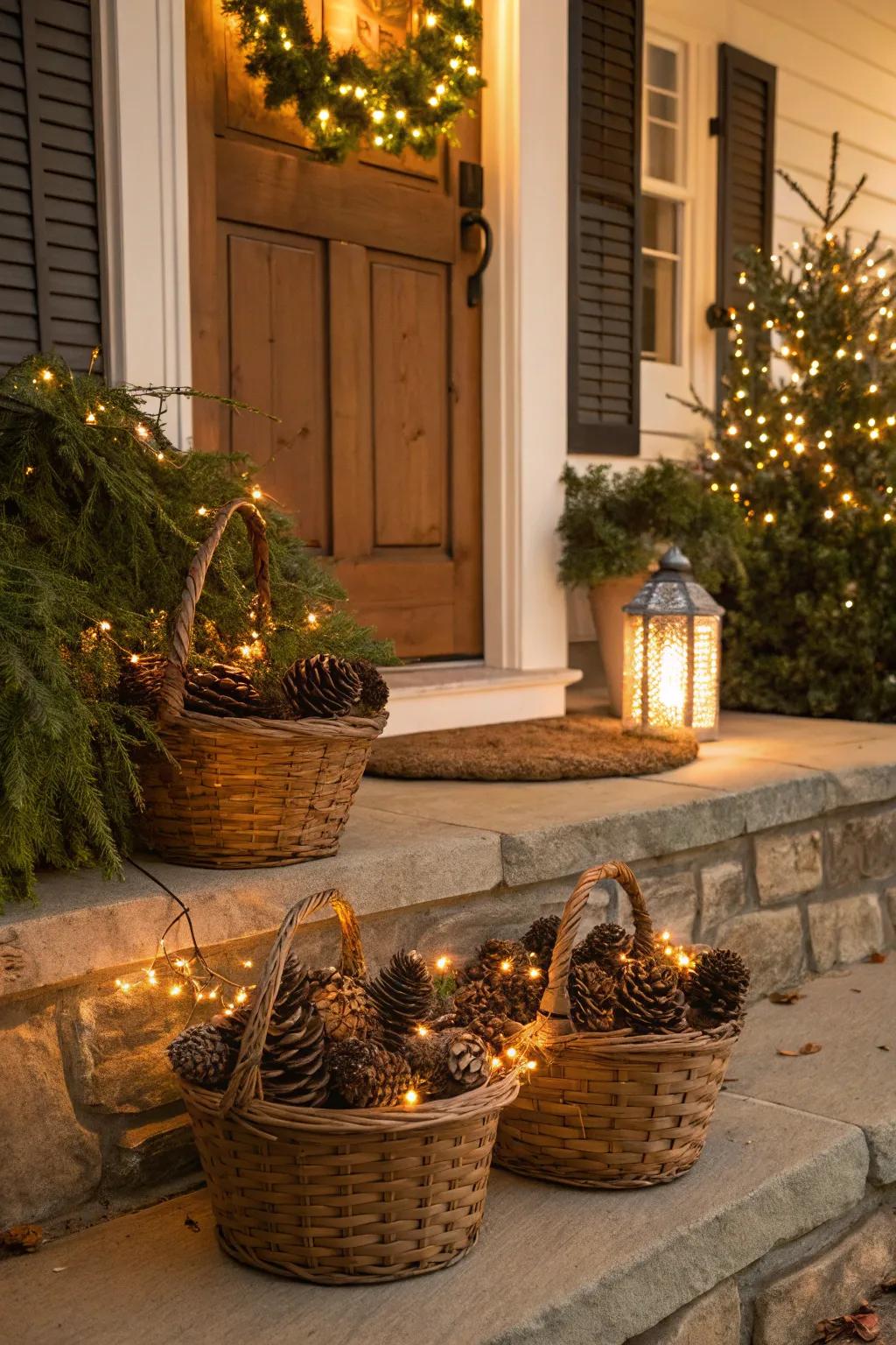 Baskets filled with pinecones and lights add an elegant touch.