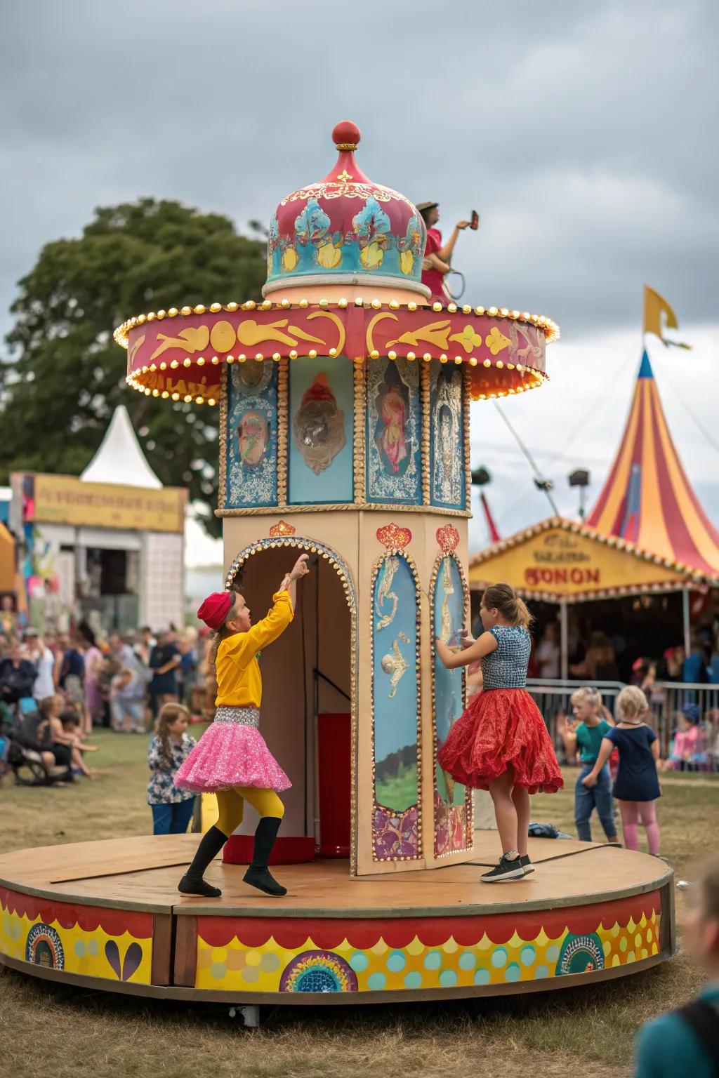 Mini stage totems humorously replicate the festival vibe on a small scale.