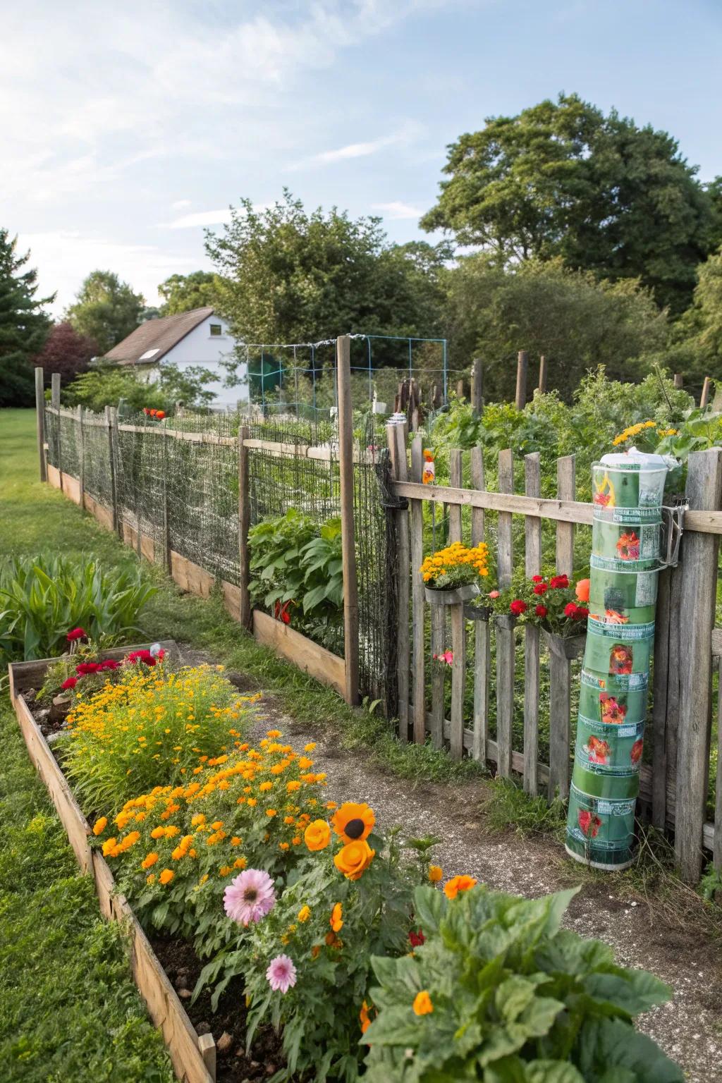 A fence made from recycled materials adds sustainable charm to the garden.