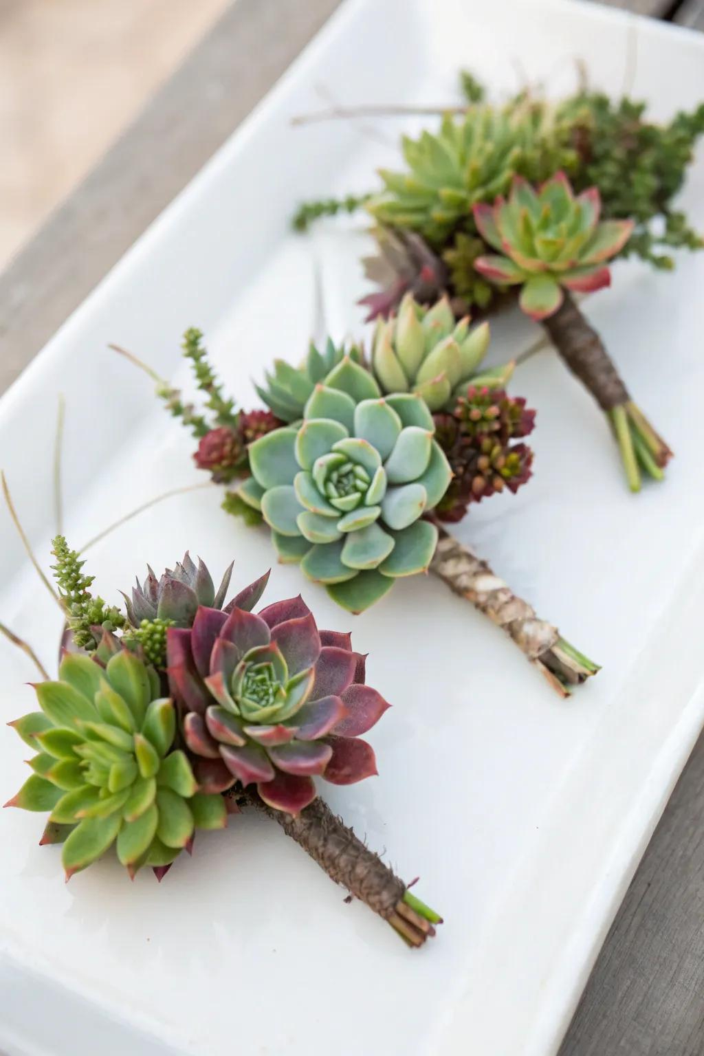 Stylish succulent boutonnieres for a modern flair.