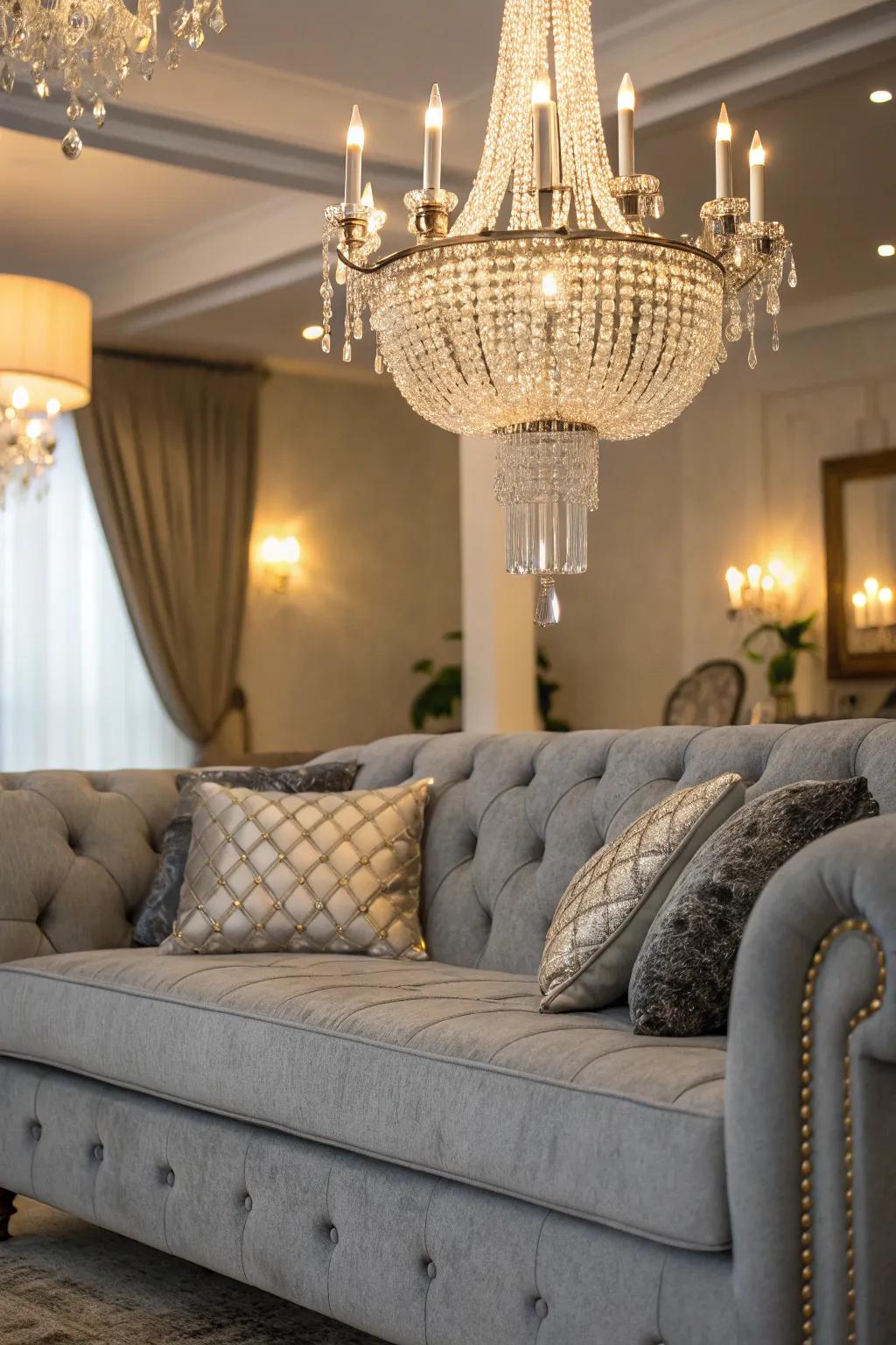 Glamorous accents elevate the elegance of a grey couch.