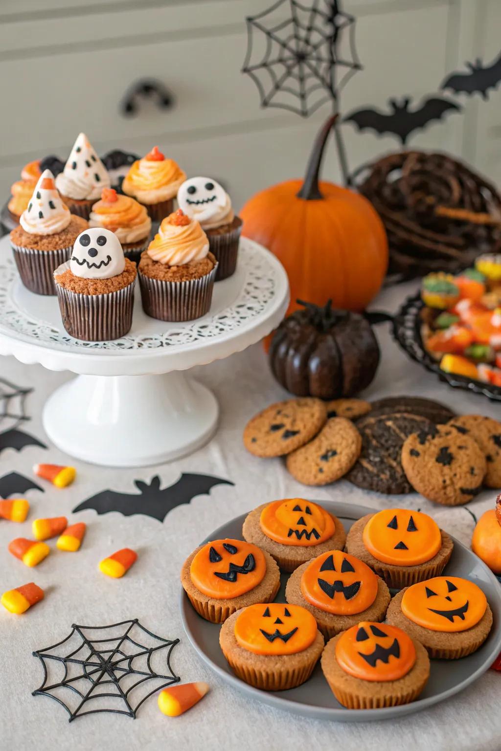 Indulge in a sweet Halloween dessert table.