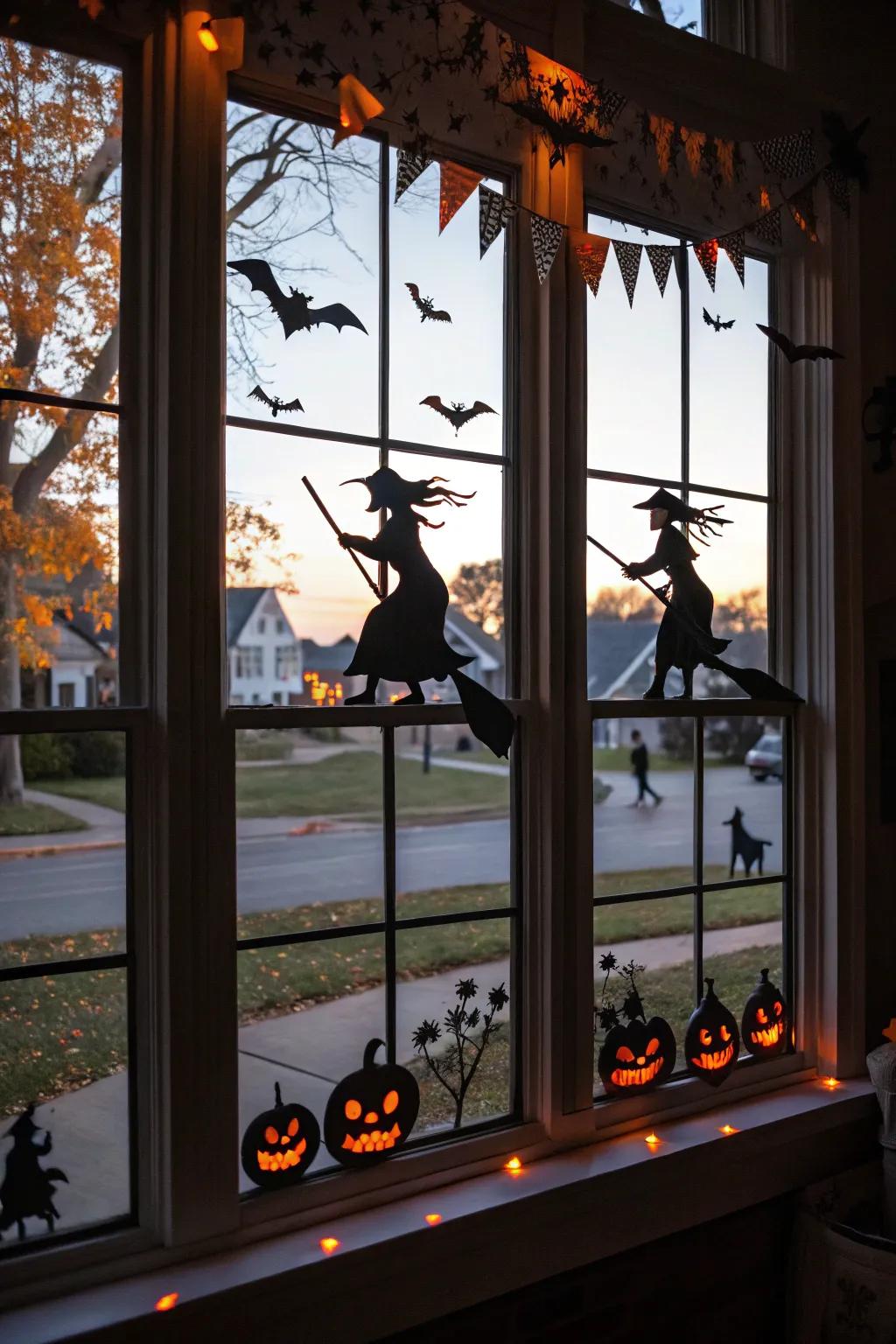 Witch silhouettes offer a classic Halloween touch.