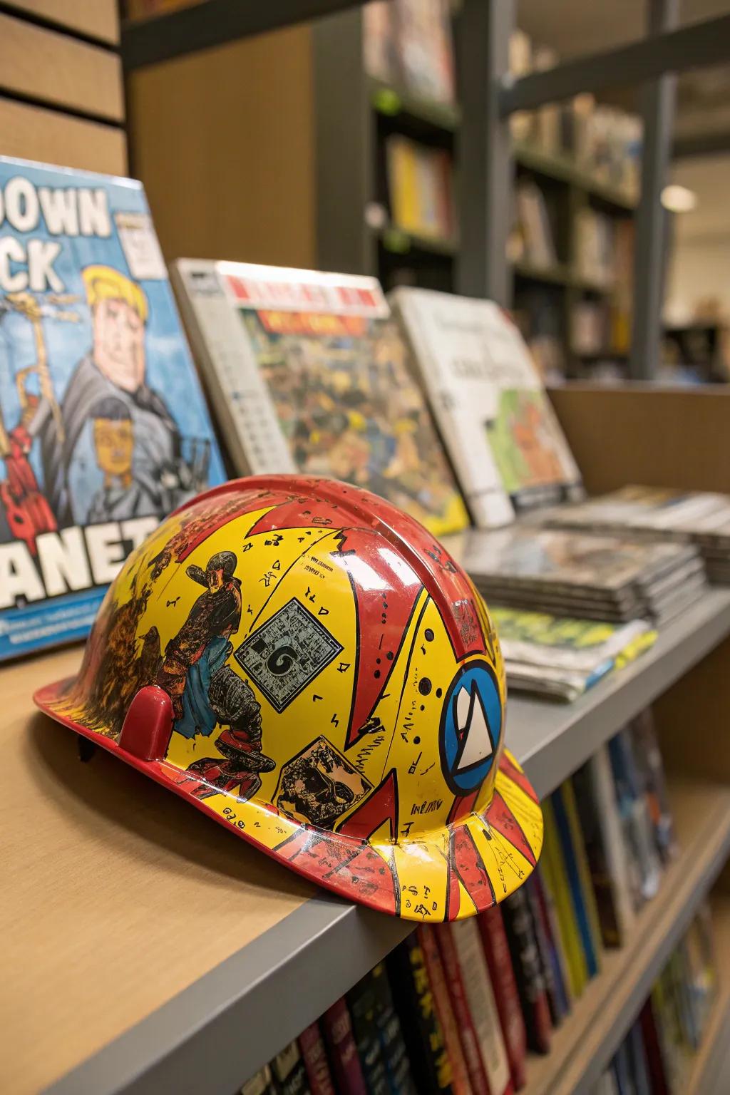A safety helmet animated with comic book energy.