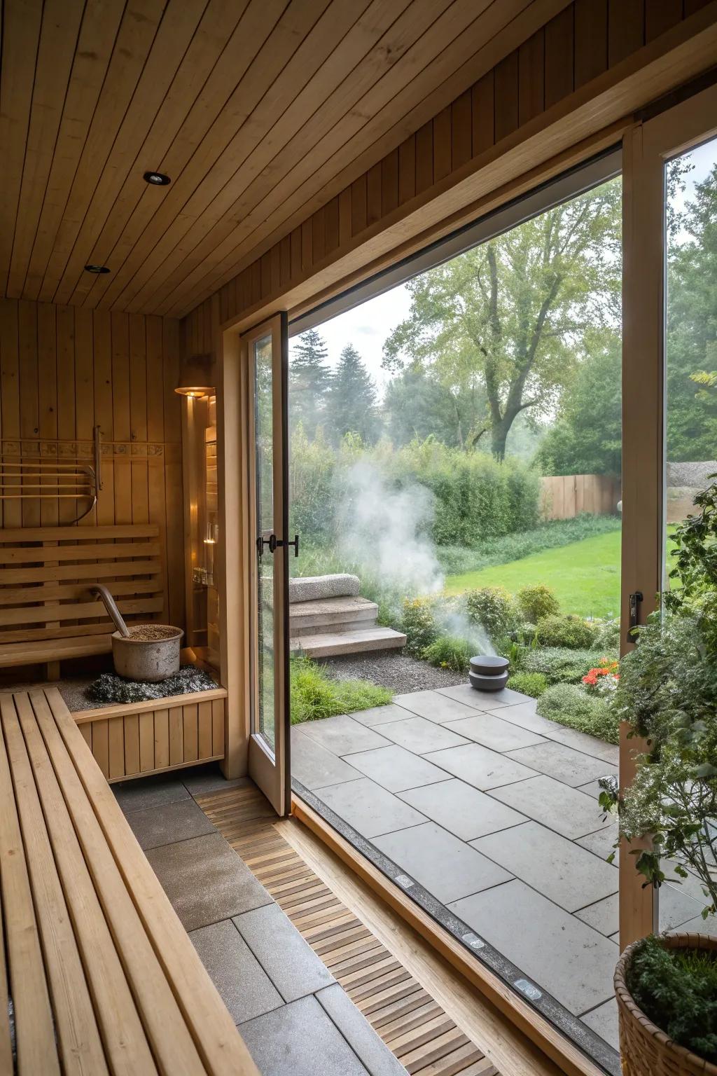 An indoor-outdoor transition enhances the natural feel of this sauna.