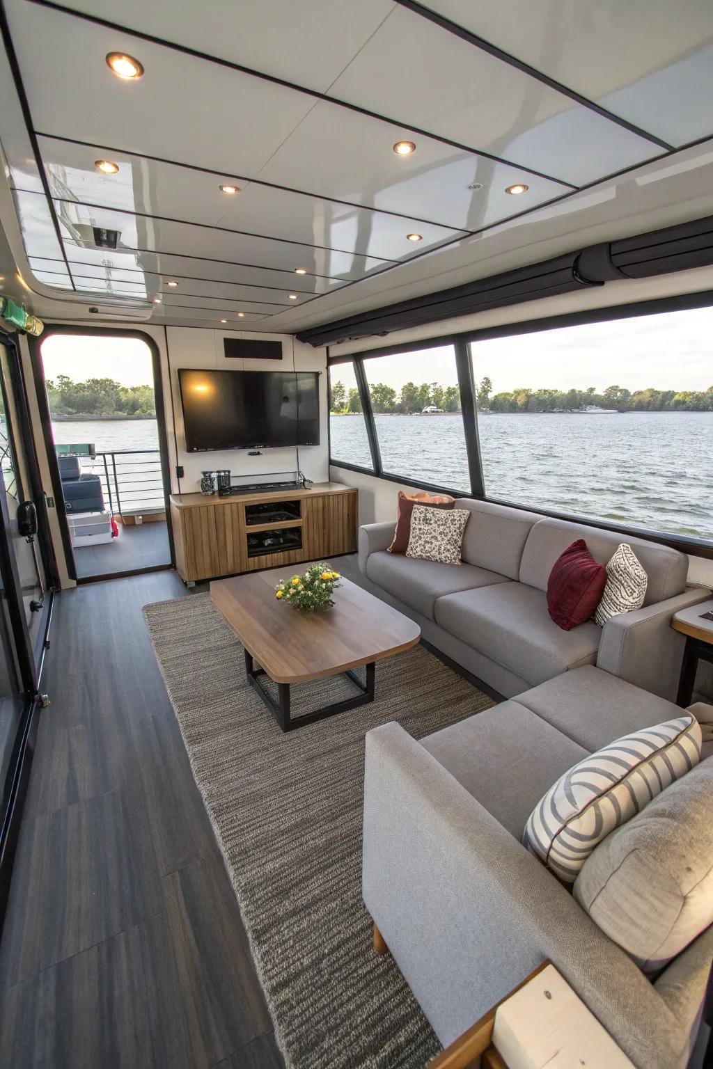 A flexible entertainment area adapts to various needs on this houseboat.