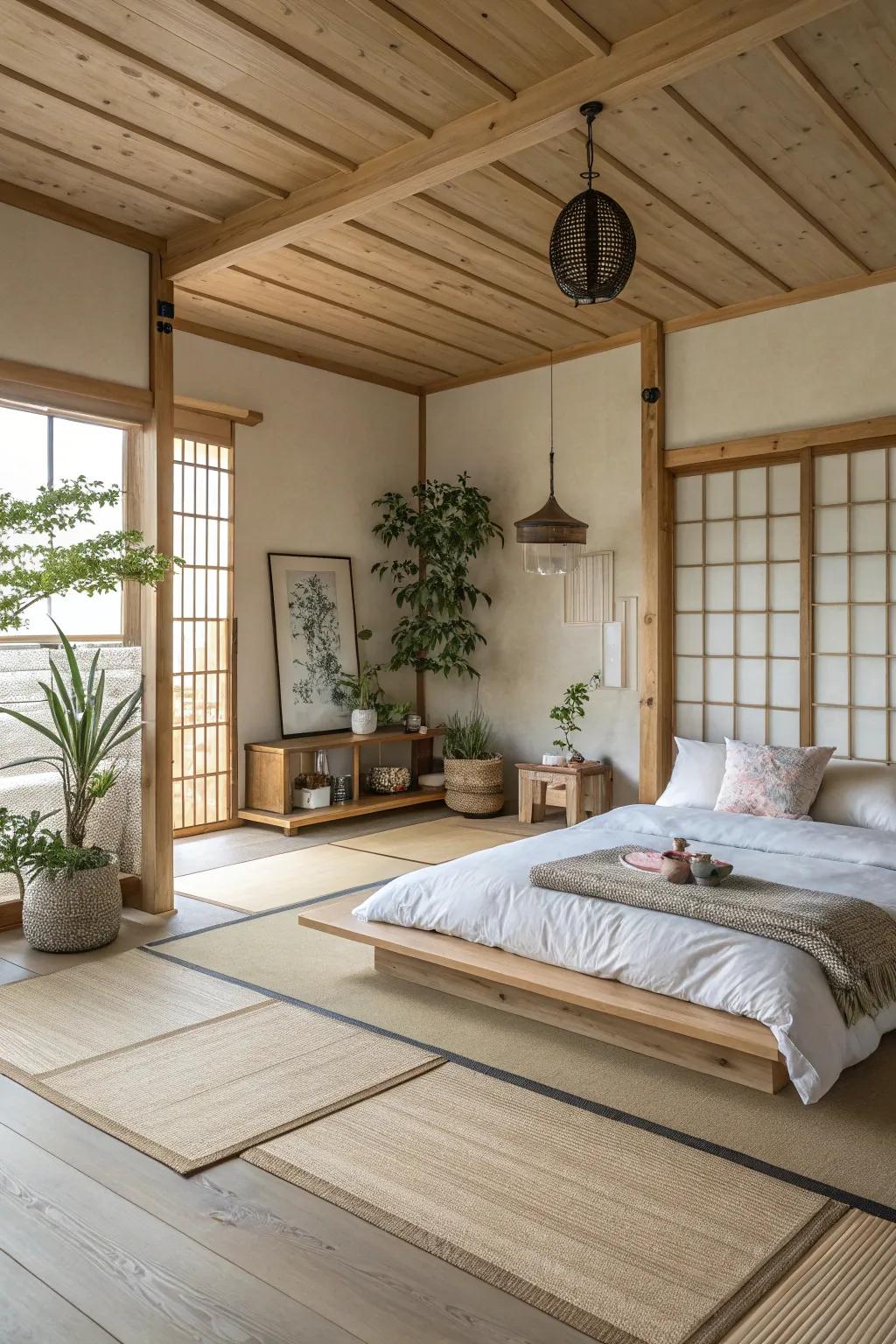 A Zen retreat fostering tranquility with pale timber flooring.