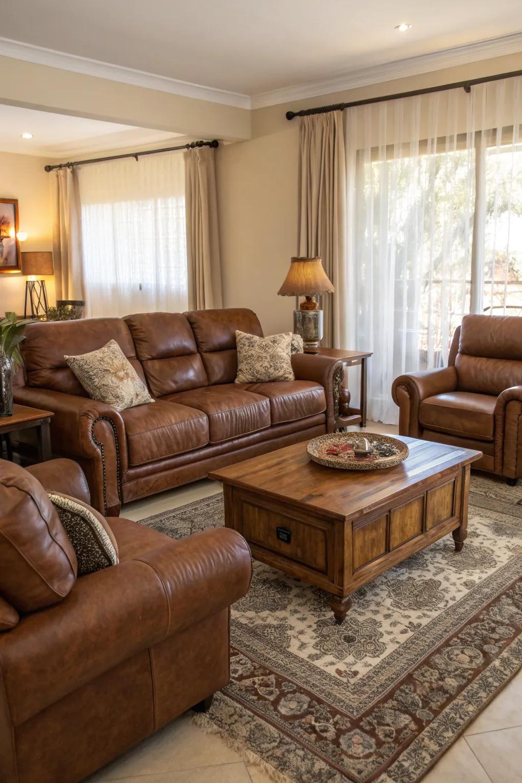 Complementary furniture enhances harmony in the room.