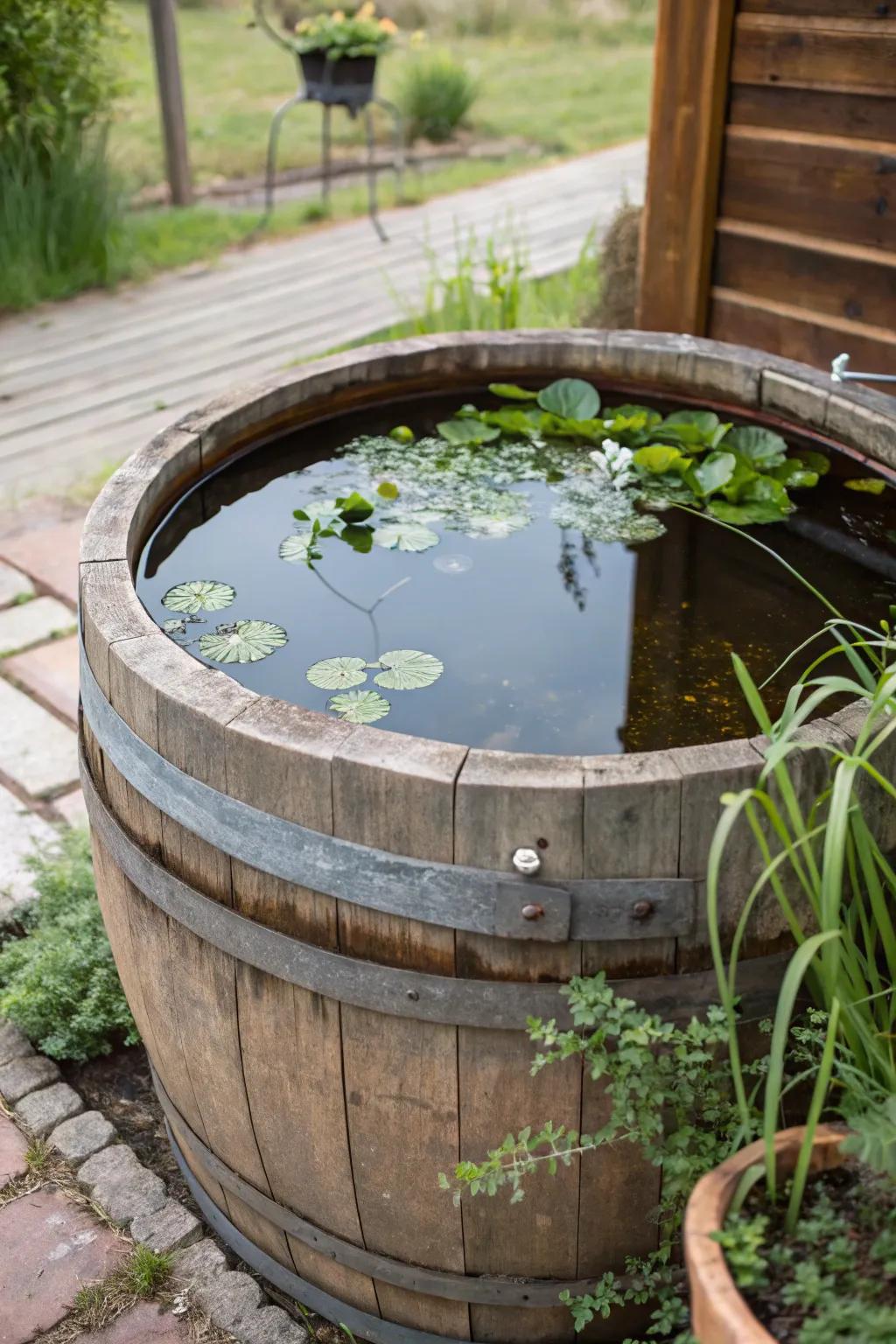 A rustic wooden barrel transformed into a portable mini pond.