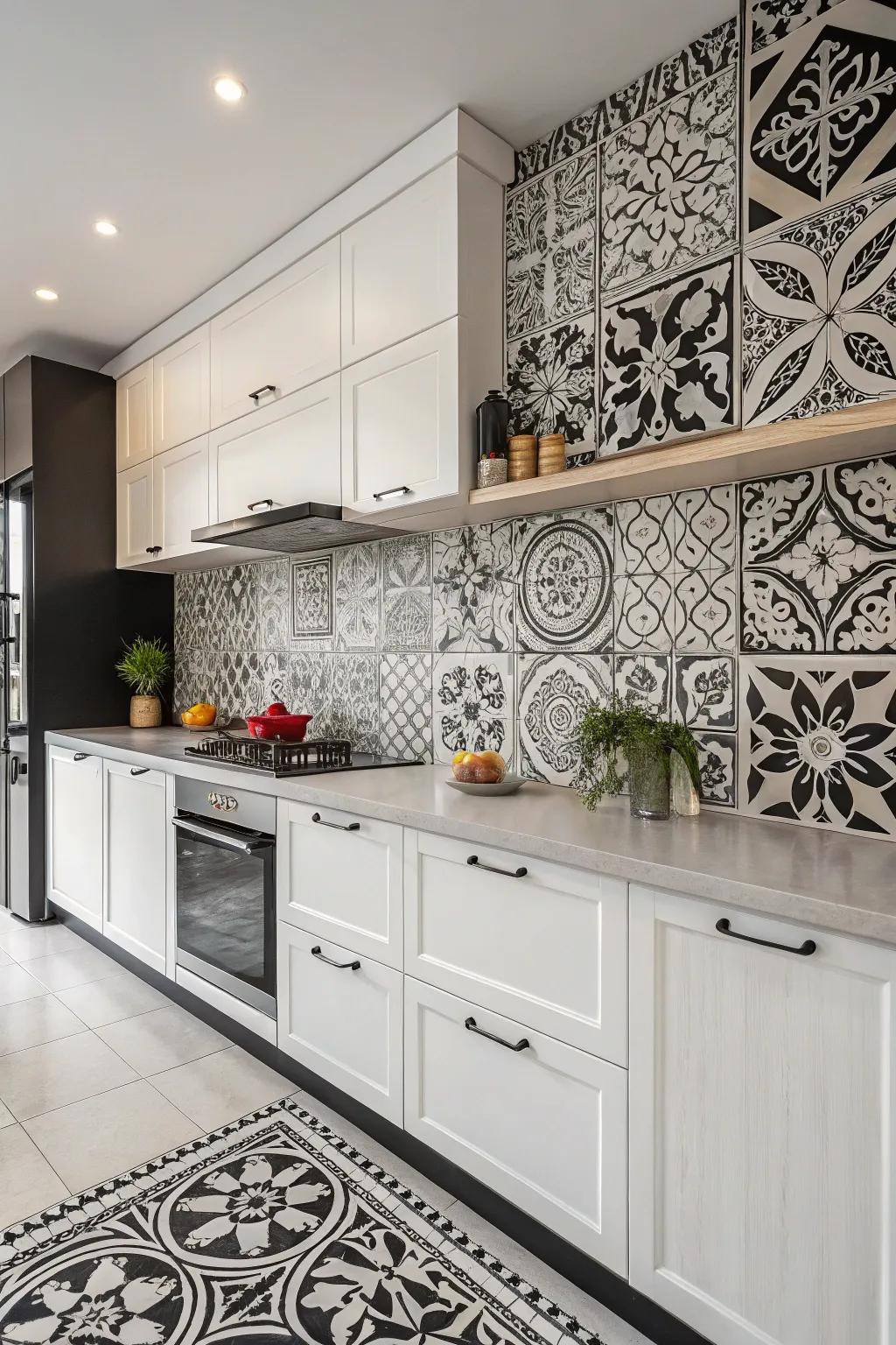 Intricate glazed patterns infuse refinement into the kitchen.