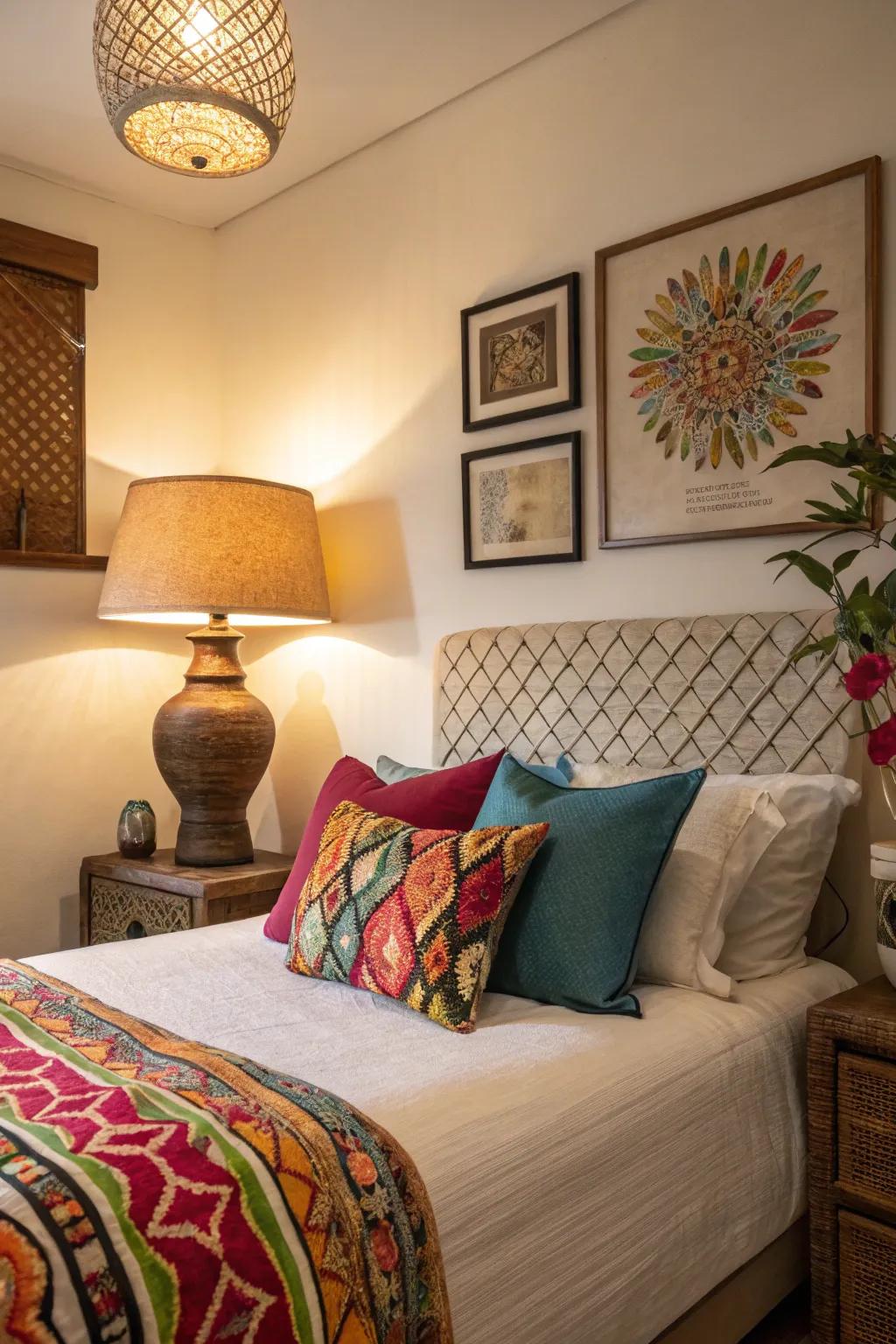 A pop of color adds vibrancy to this serene farmhouse guest bedroom.