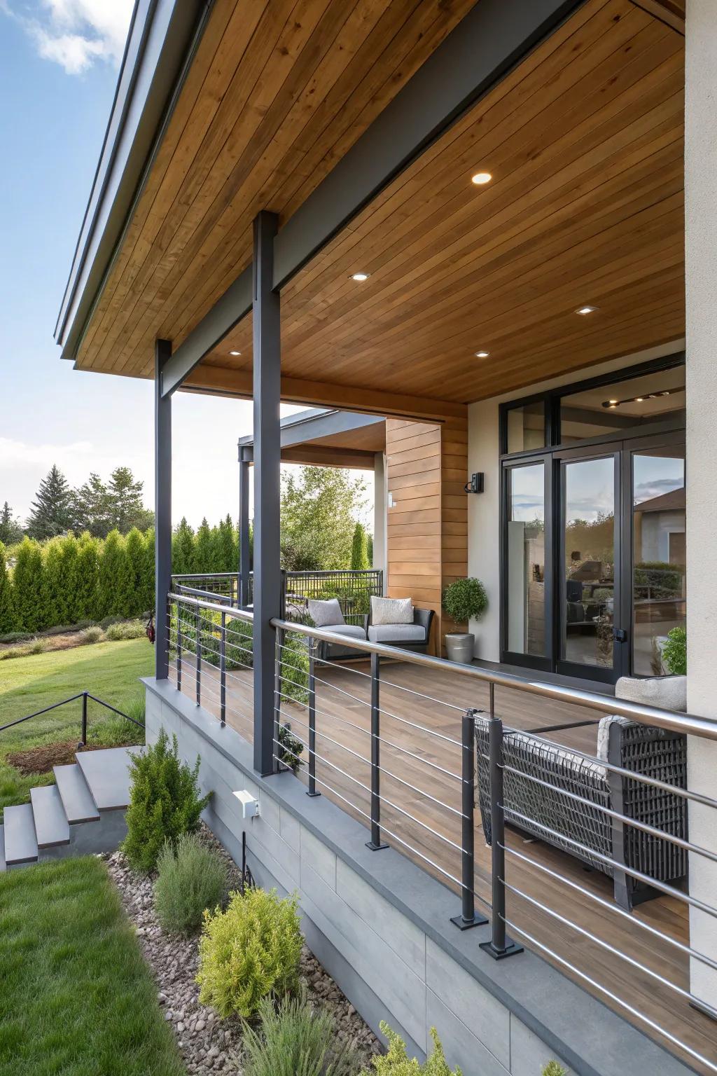 Mixed materials bring a contemporary twist to porch design.