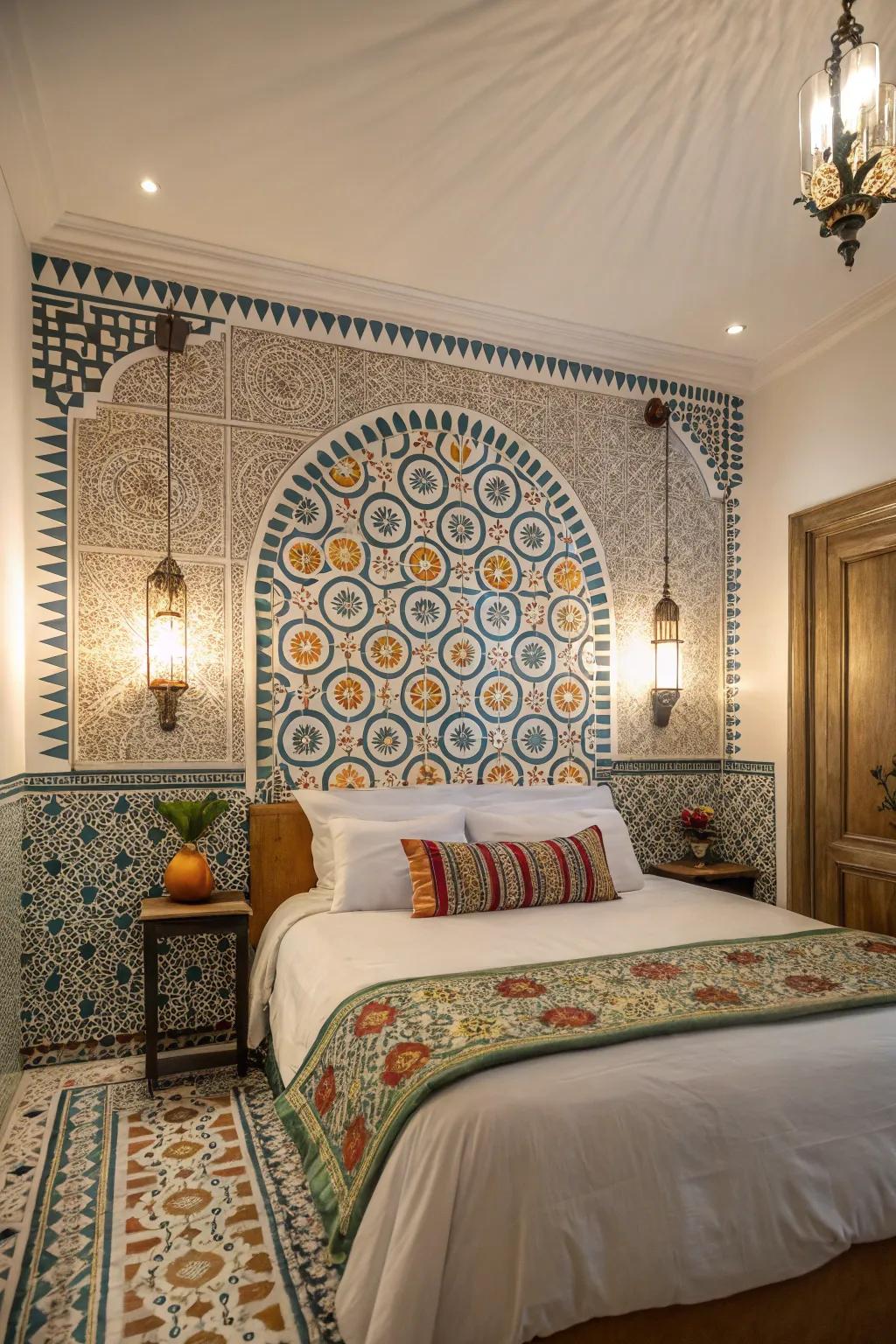 Moorish design tiles inject an exotic flair to a modern Spanish bedroom.