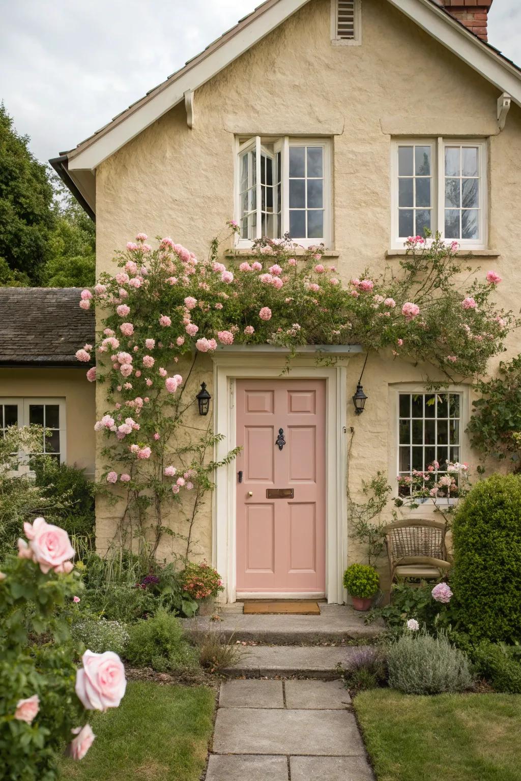 Blush pink front door adds a gentle and elegant touch to a beige house.