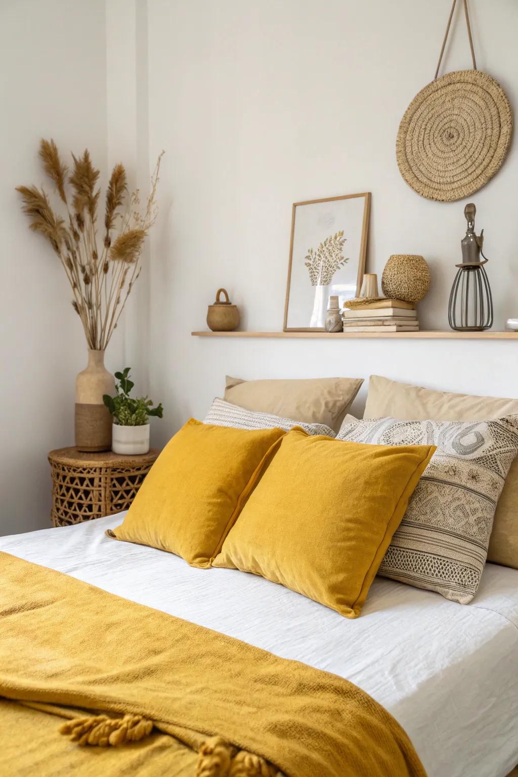 A minimalist bedroom with mustard yellow pillows and decor.