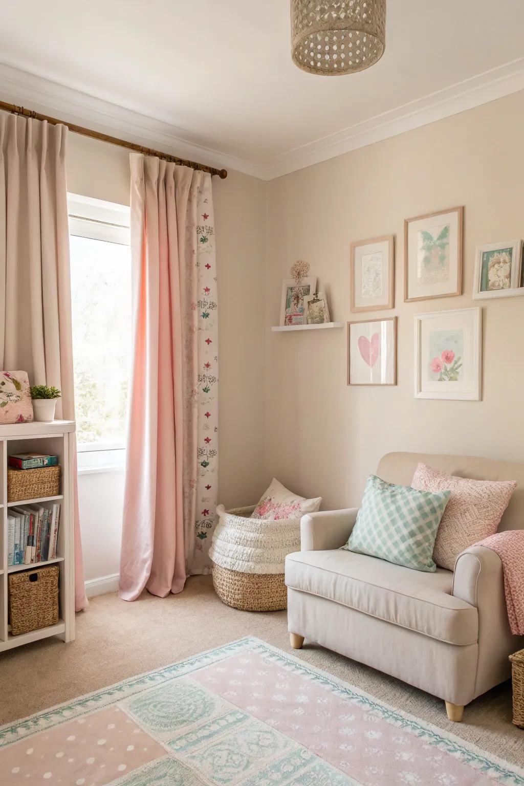 Soft pastels add a gentle pop of color to neutral spaces.