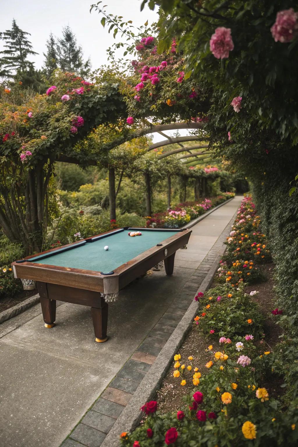 A billiards table along a scenic garden walkway.