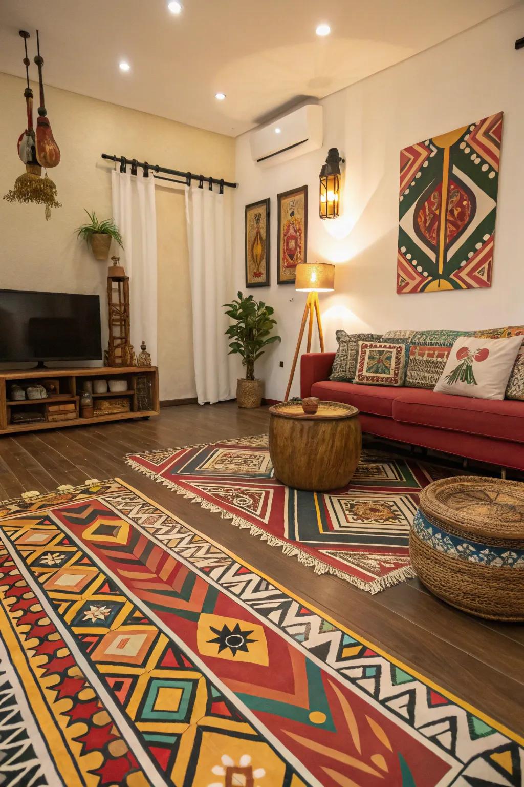 A living room with vibrant tribal print painted floors, creating a lively cultural hub.