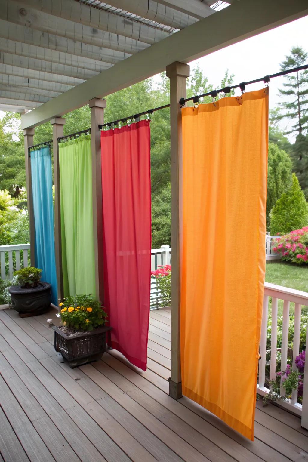 Vibrant fabric screens offer quick and seasonal privacy on a deck.