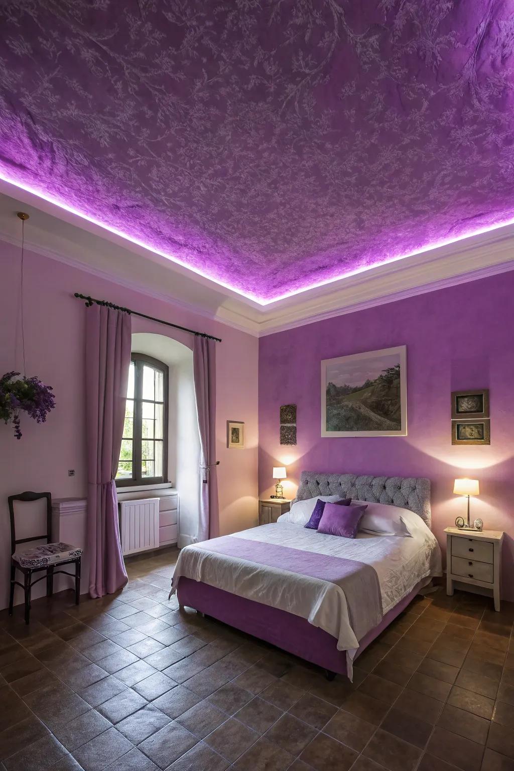 A dramatic purple ceiling enhancing the overall room design.