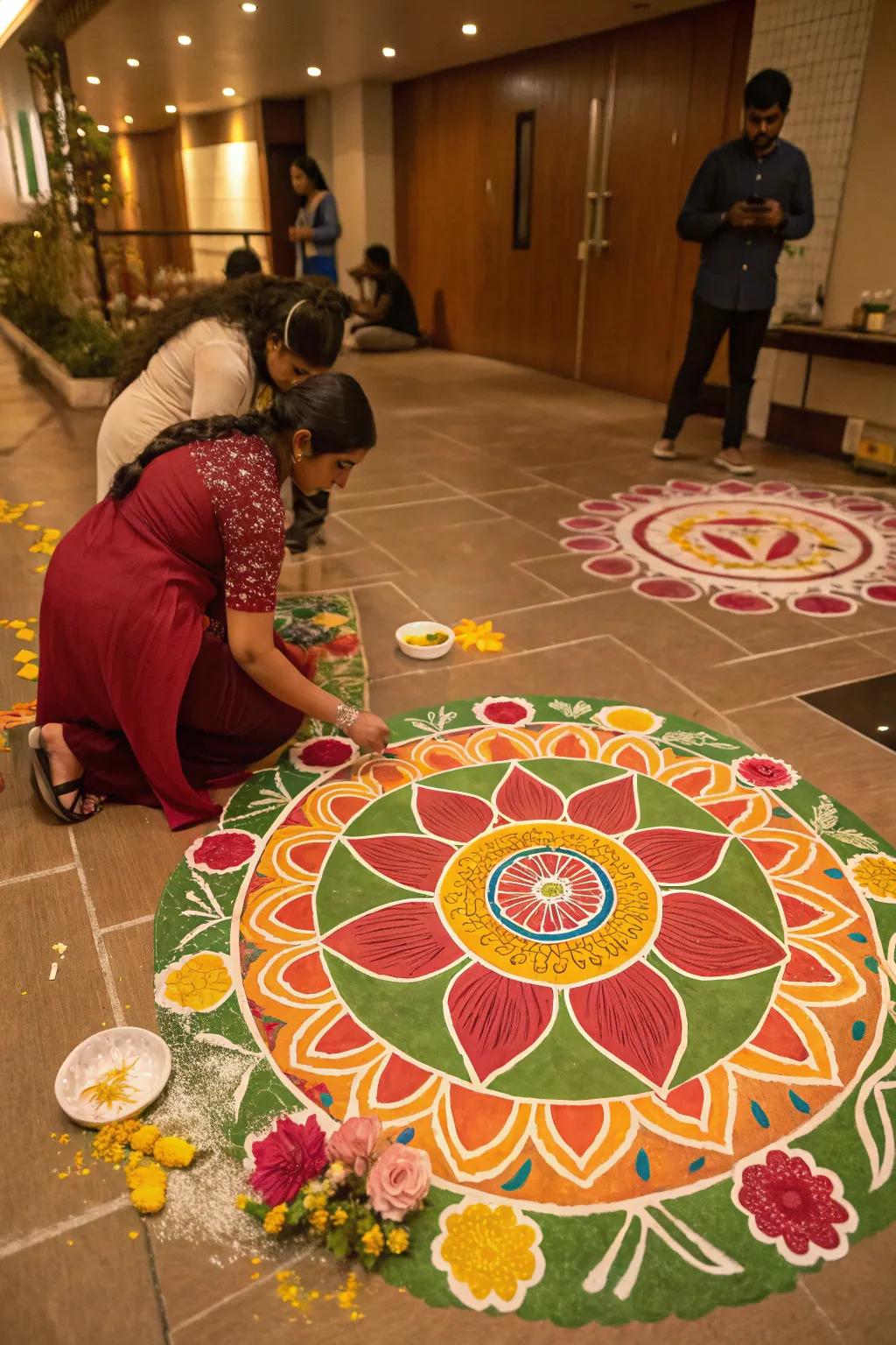 Interactive rangoli invites participation, making it a communal festive activity.