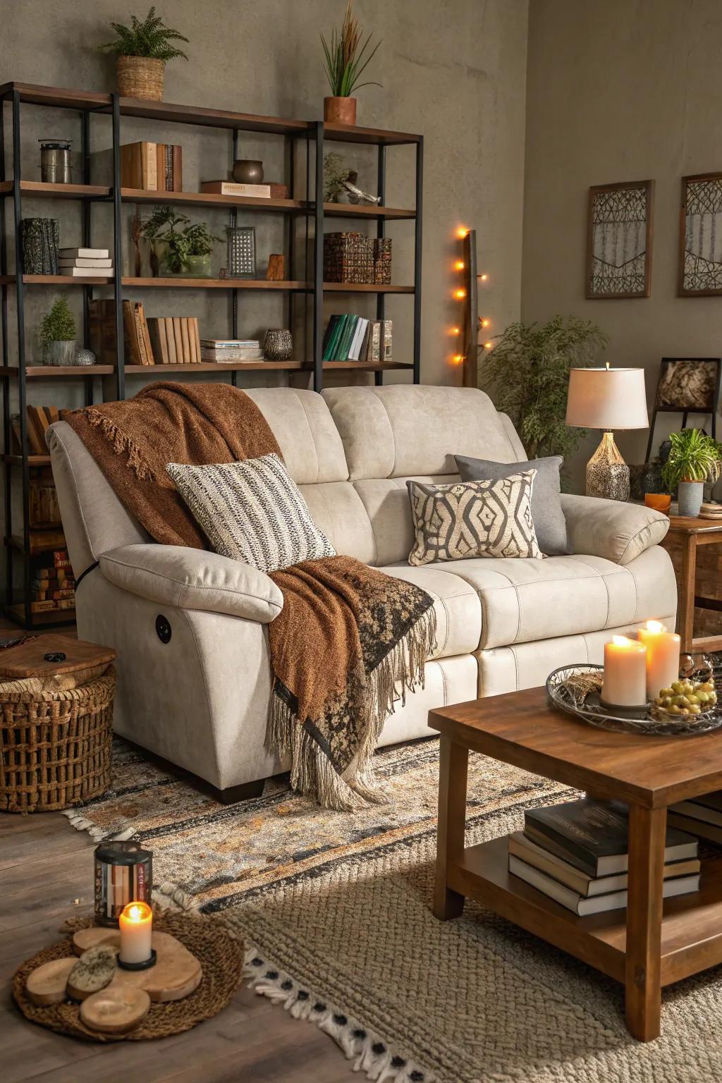 A rich living room environment created by mixing various textures around the recliner sofa.