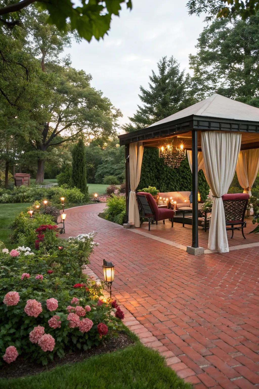 A red brick patio featuring a chic covered section for shade