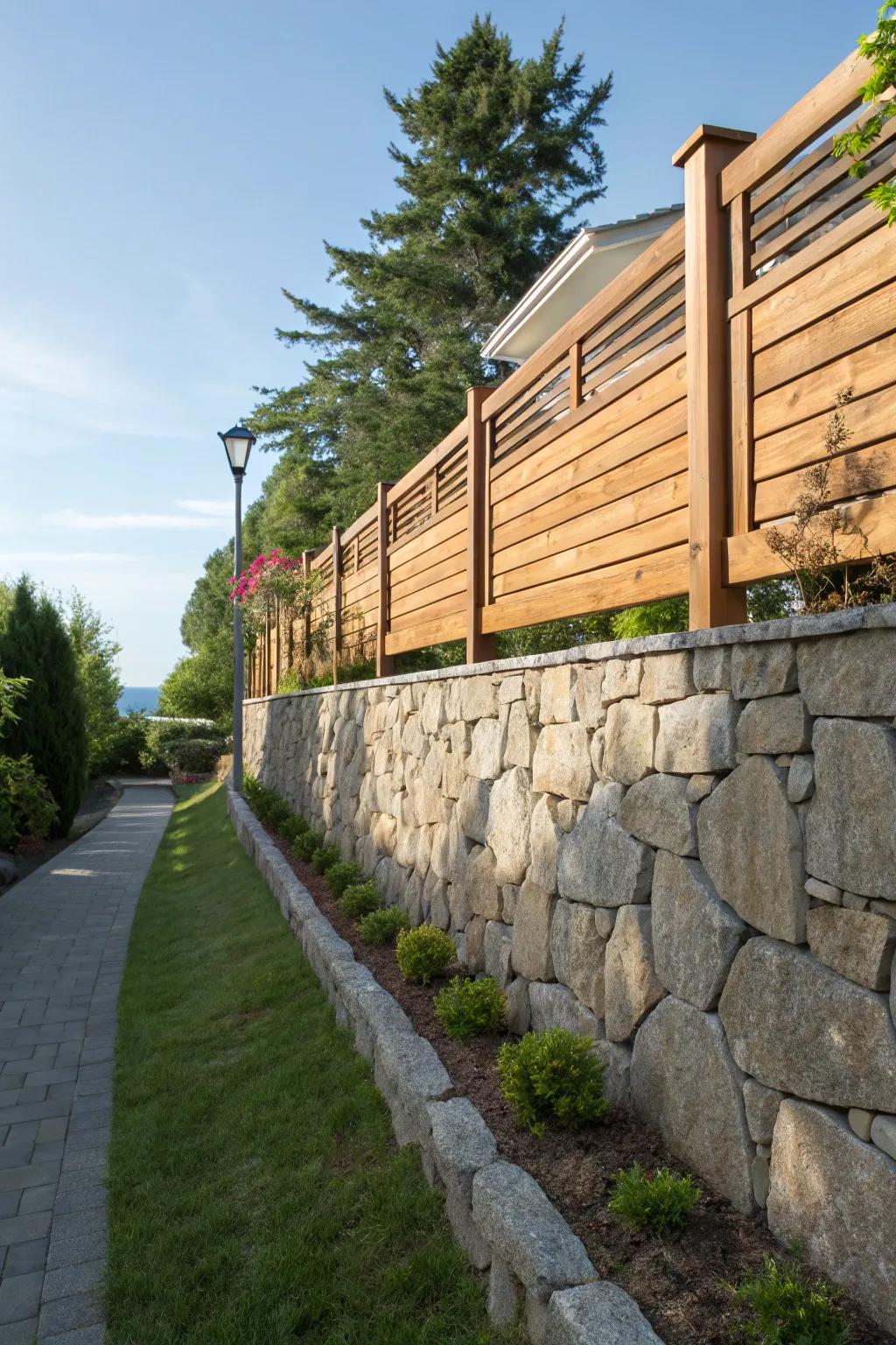 A fence atop a rock wall offers privacy and elegance.