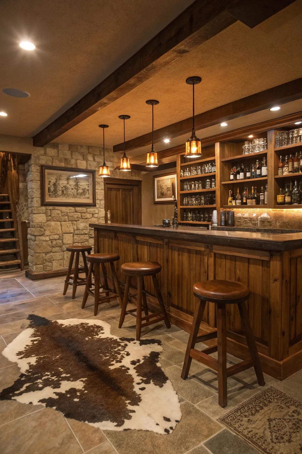 A cowhide rug adding texture and warmth to the bar area.