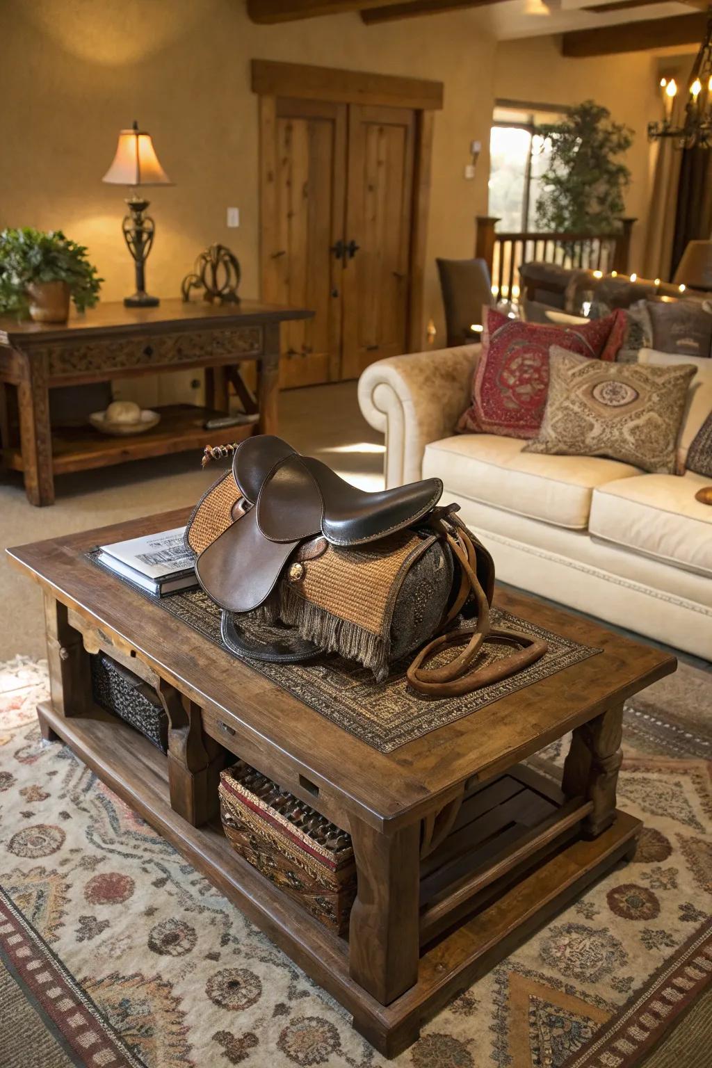 A show centerpiece introduces rugged charm to this living space's coffee table.