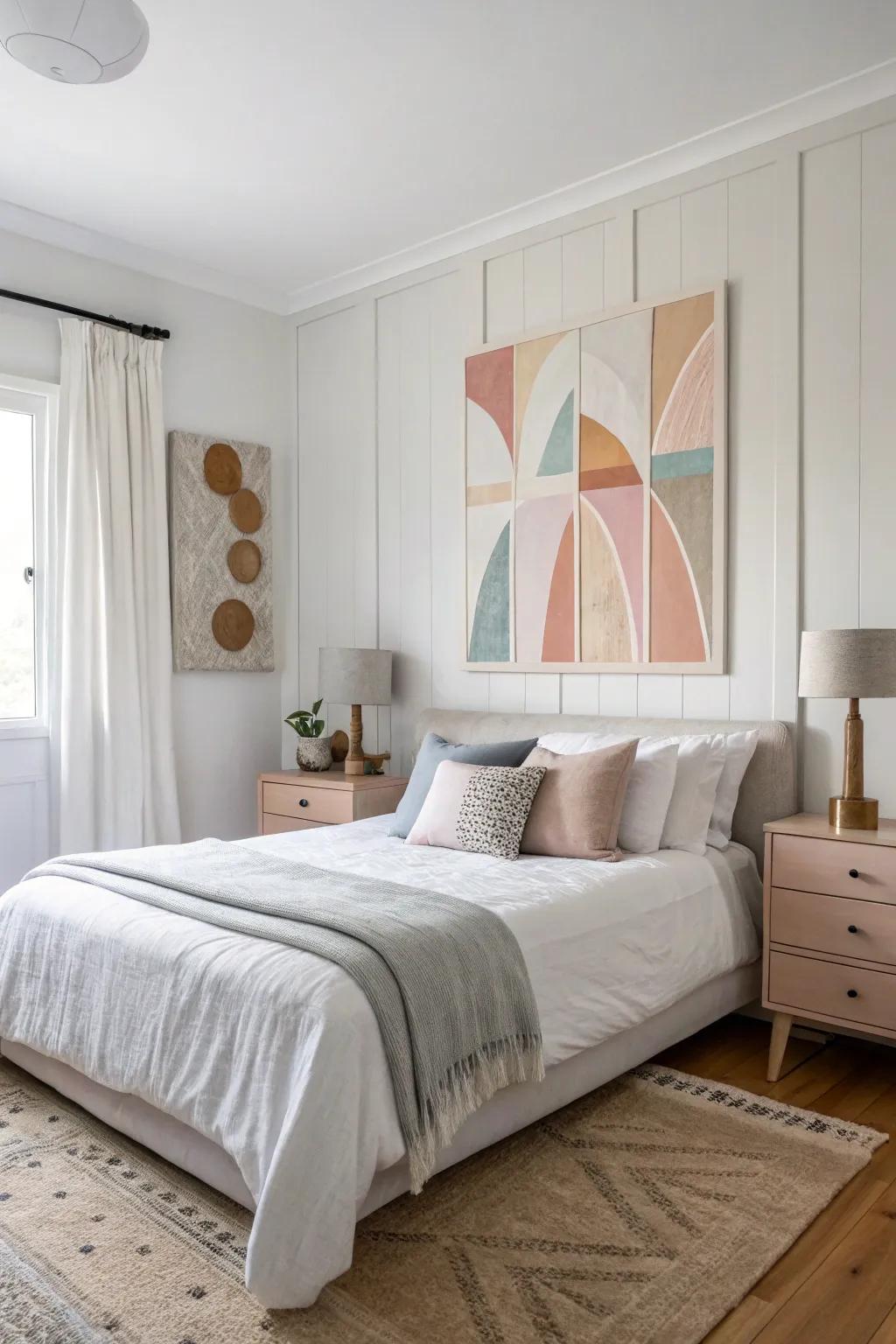 A bedroom with a at-home conceptual material painting in a Scandinavian style