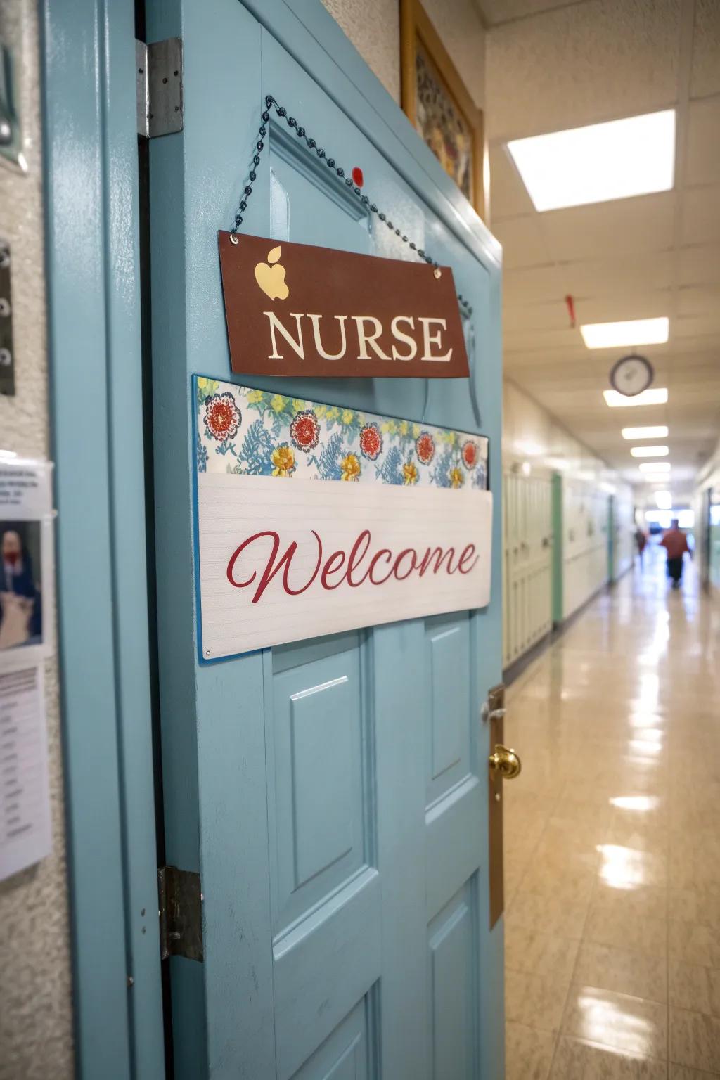 A personal touch on the school nurse door with a welcome sign.