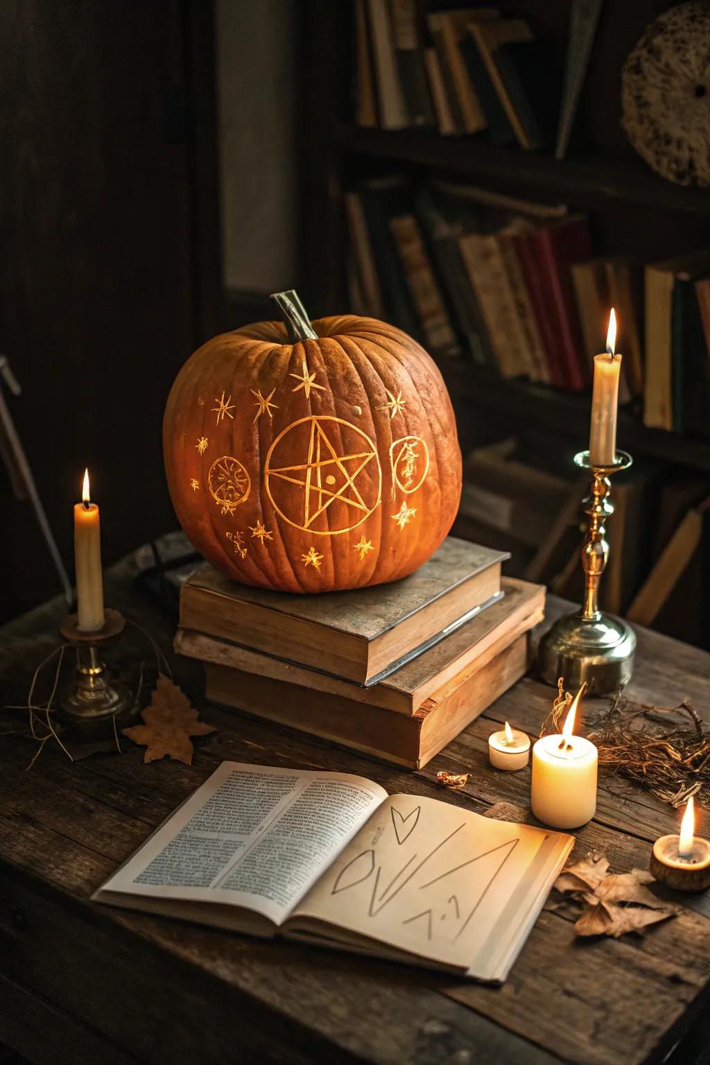 Mystical symbols carved into a pumpkin, adding a touch of magic.