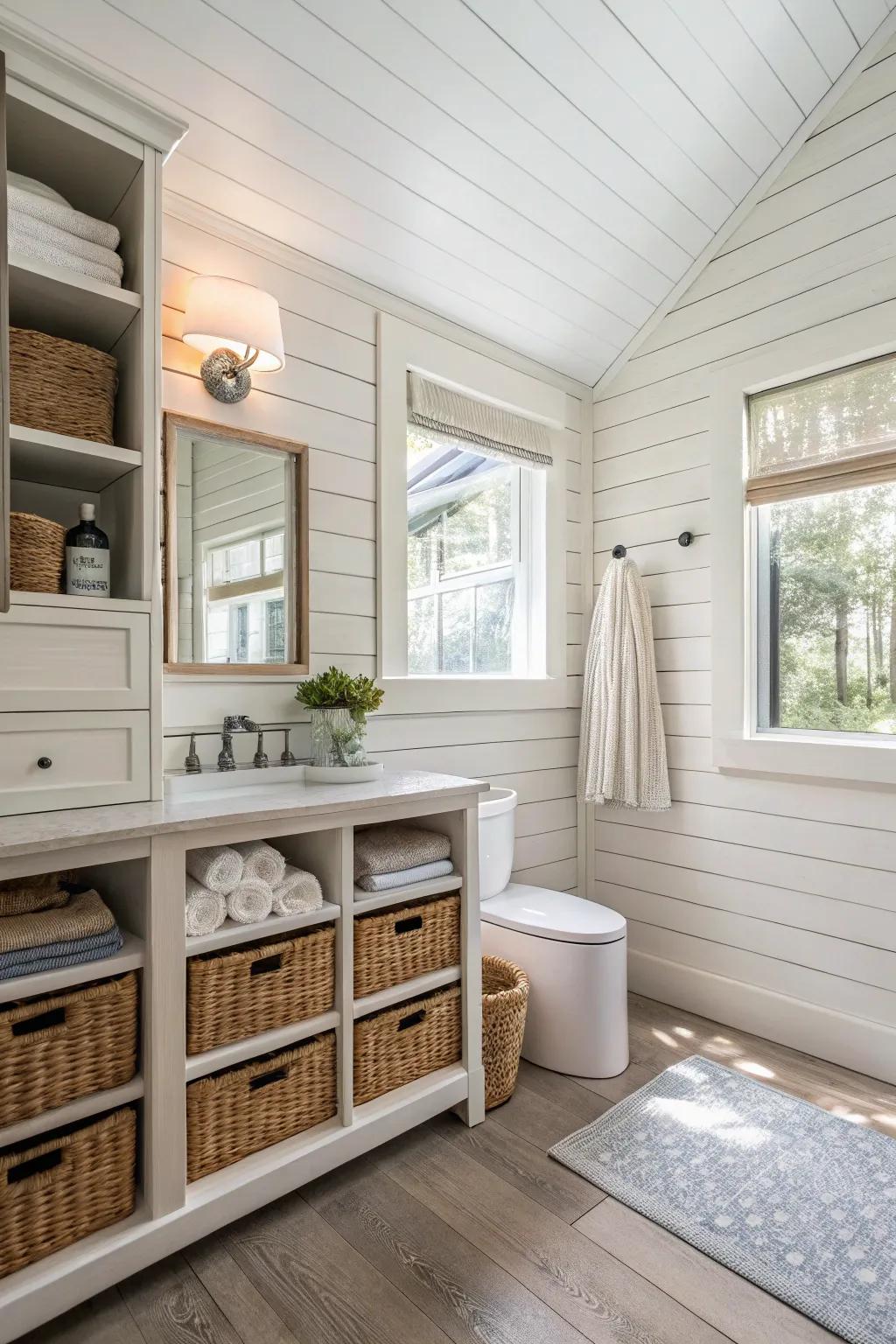 A bathroom with panel walls featuring hidden storage.