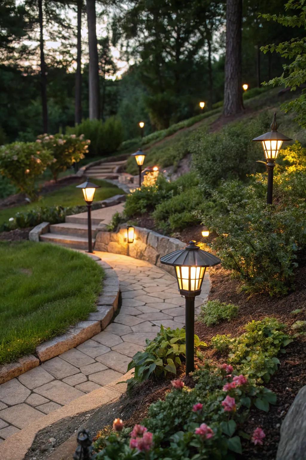 Solar lighting brightens paths sustainably in sloped gardens.