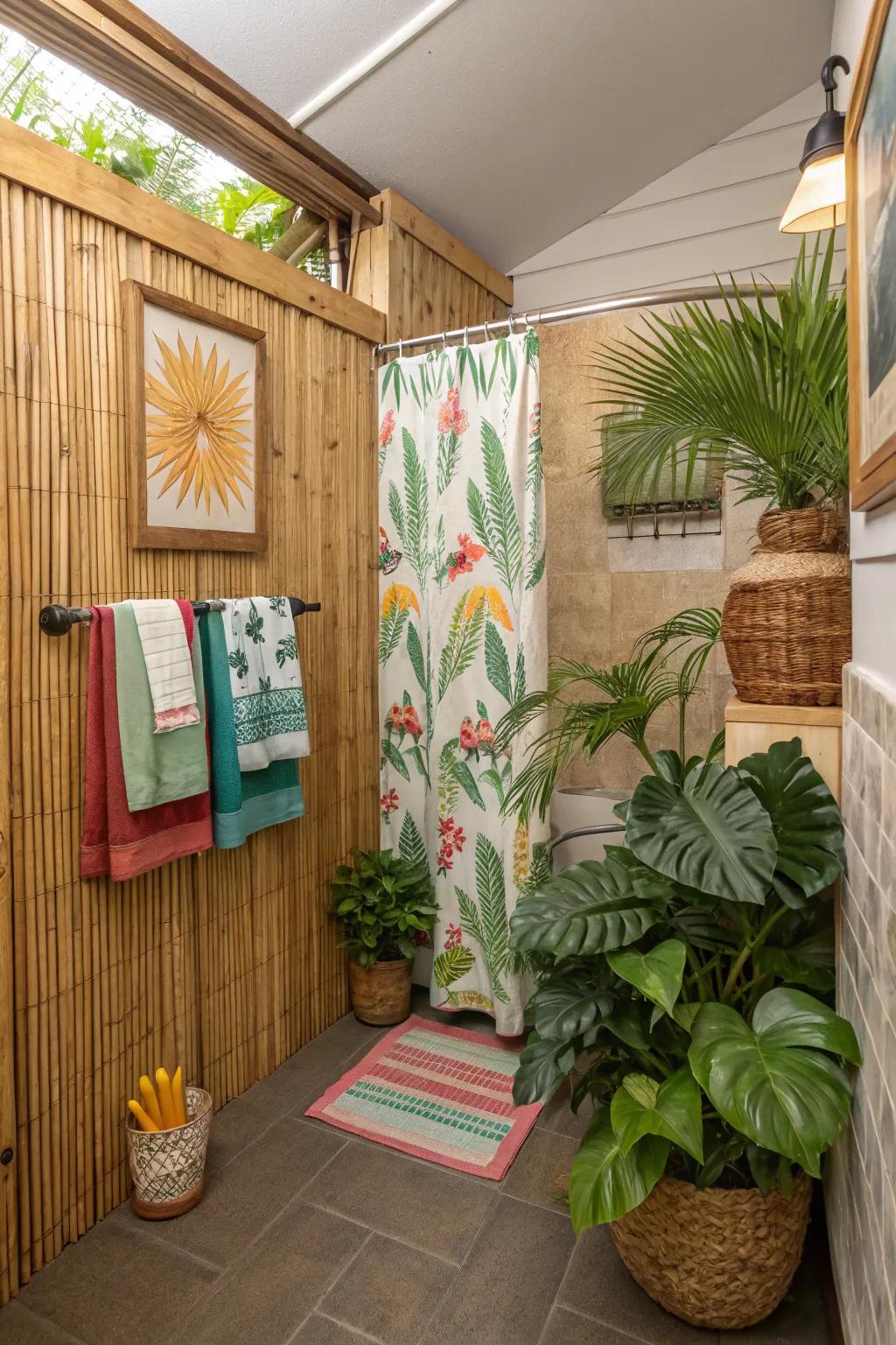 Bamboo segments in a diminutive bathroom, heightening an eco-conscientious and pacifying atmosphere.