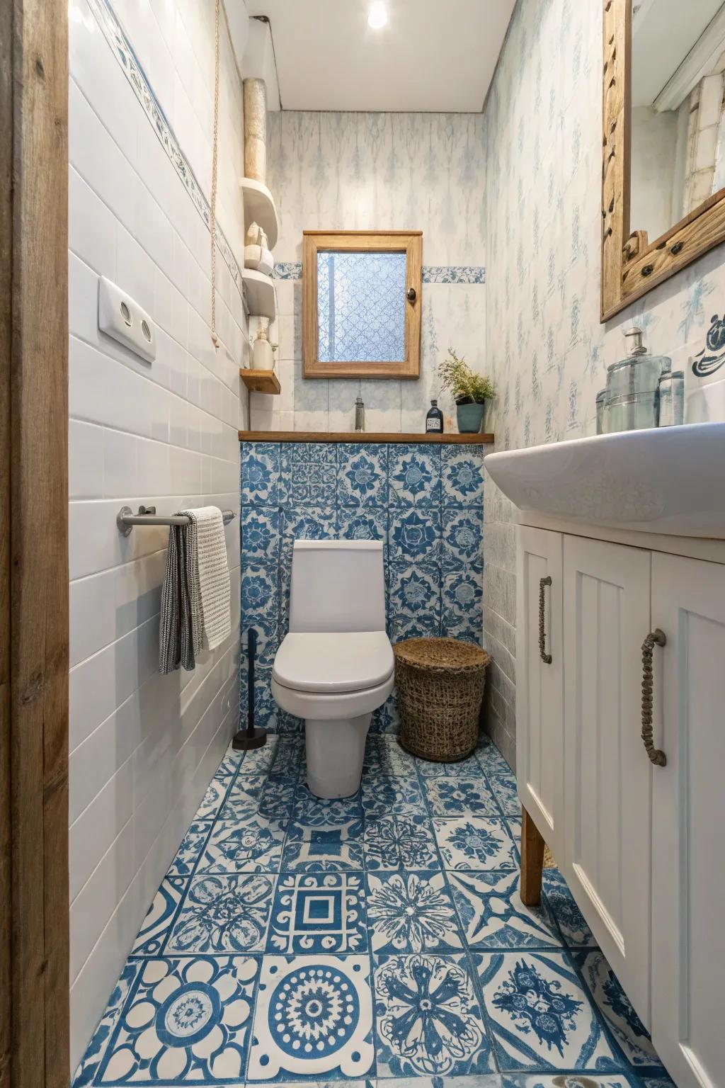 Blue patterned floor tiles add character and continuity to the bathroom.