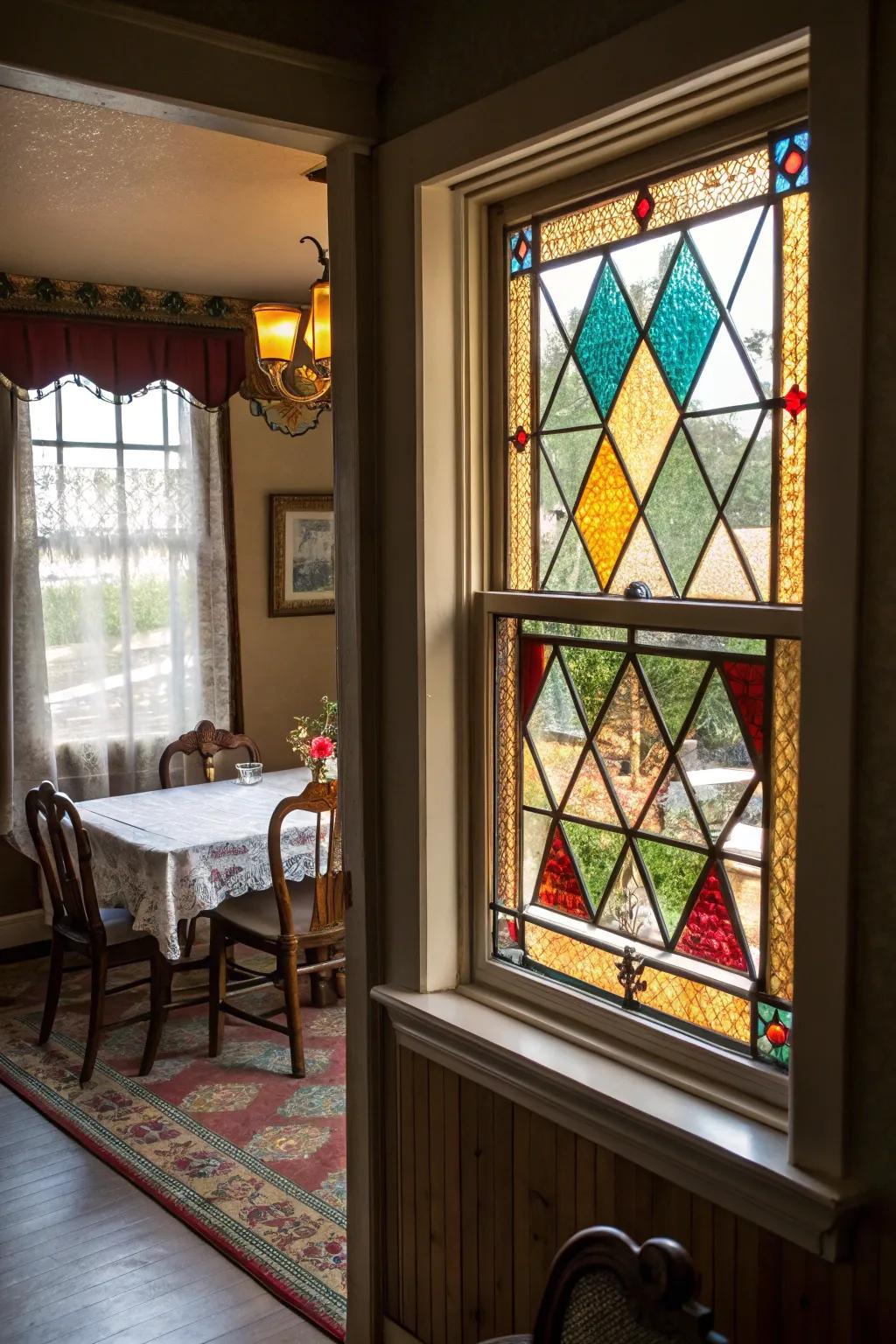 Stained glass windows provide artistic flair and colorful charm.