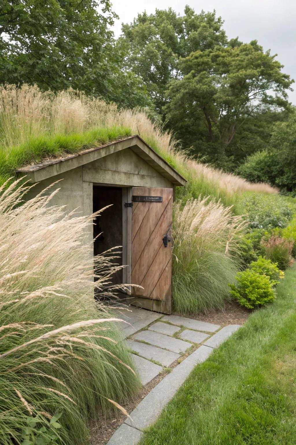 Native grasses provide movement and eco-friendly beauty around the shelter.