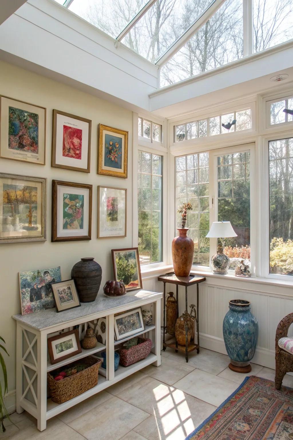 Artistic elements personalize and enrich the sunroom's decor.